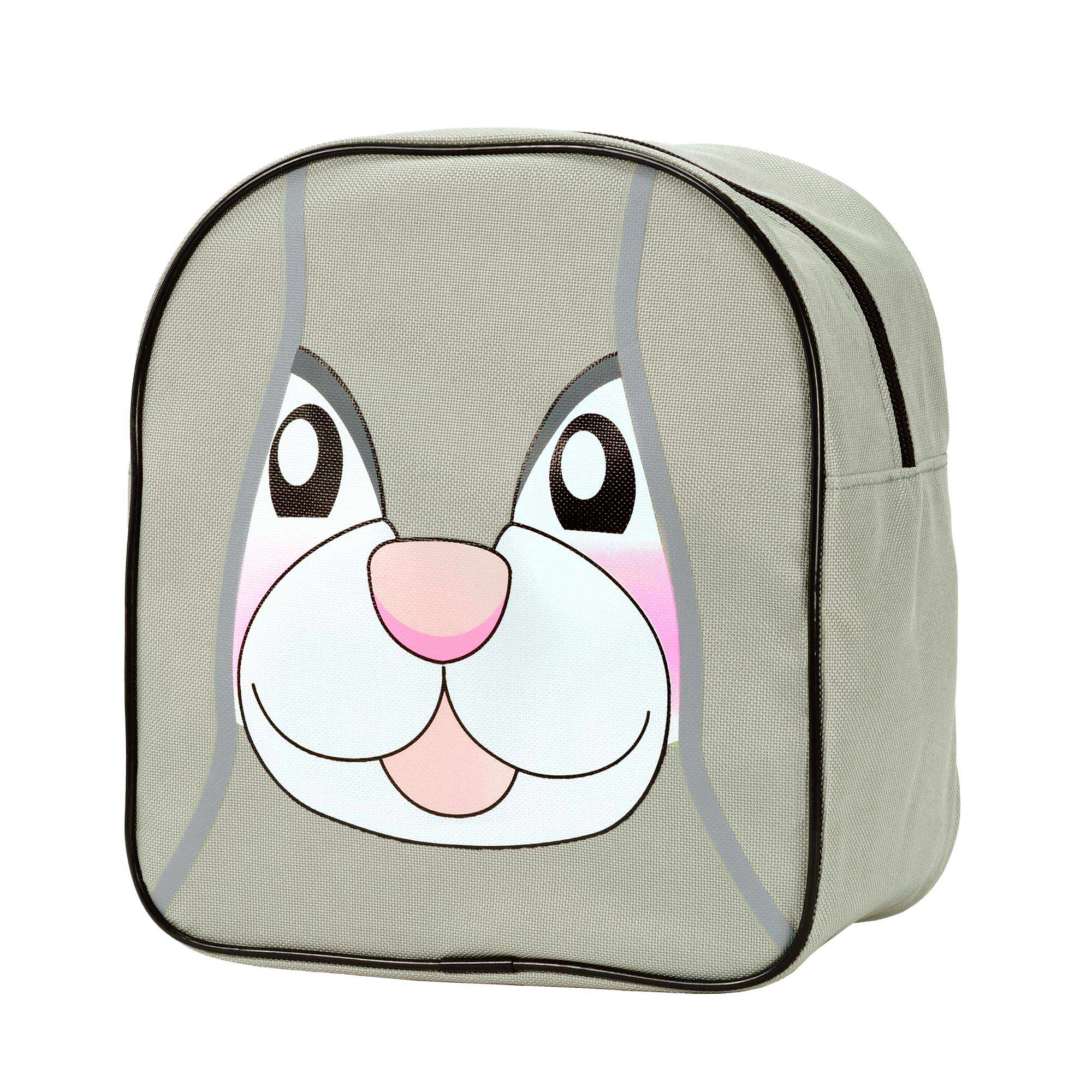Grauer Kinderrucksack mit einem niedlichen Hasengesicht auf der Vorderseite.