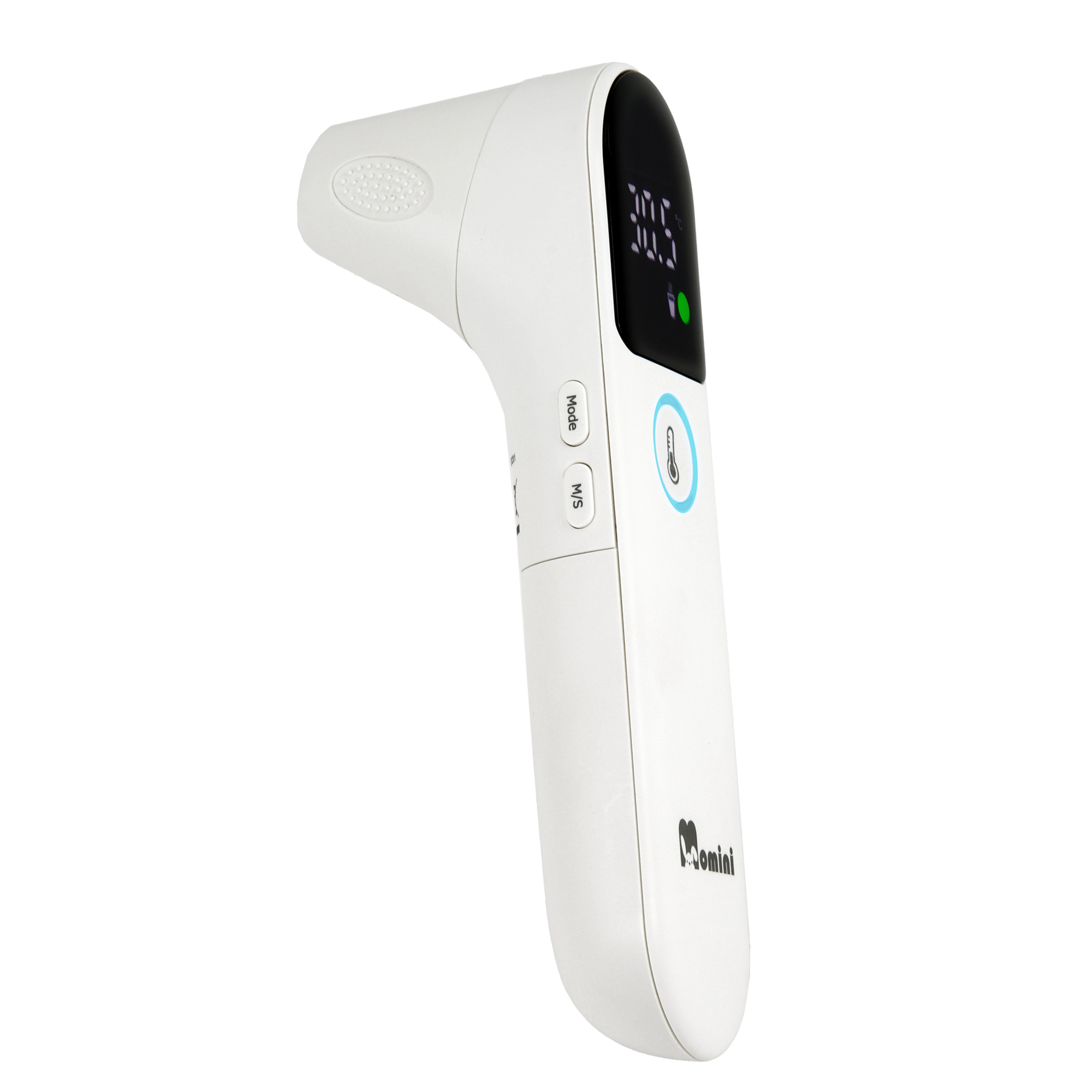 Ein weißes digitales Infrarot-Thermometer mit Display und Bedientasten vor weißem Hintergrund.