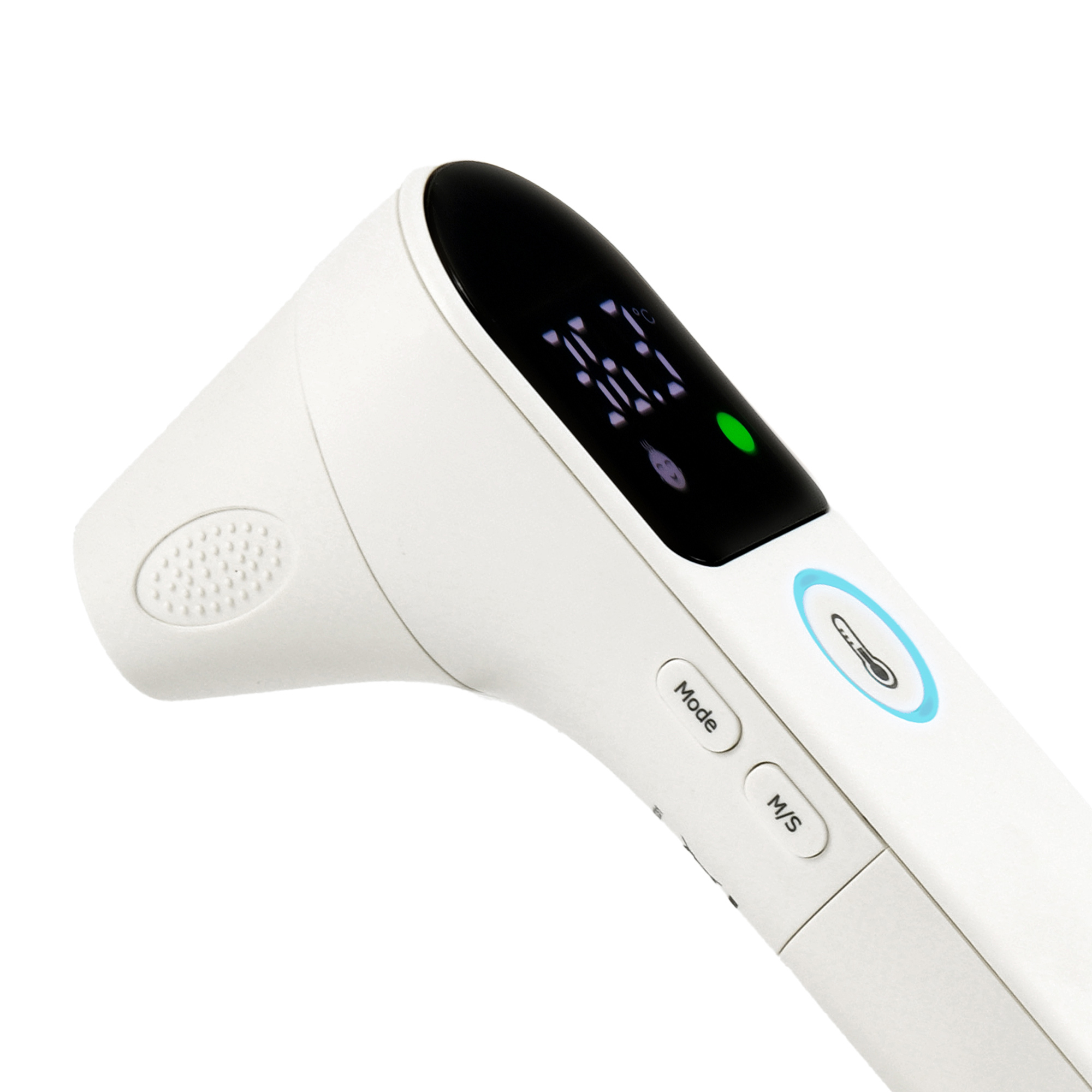 Weißes digitales Infrarot-Fieberthermometer mit Display und Bedientasten vor weißem Hintergrund.