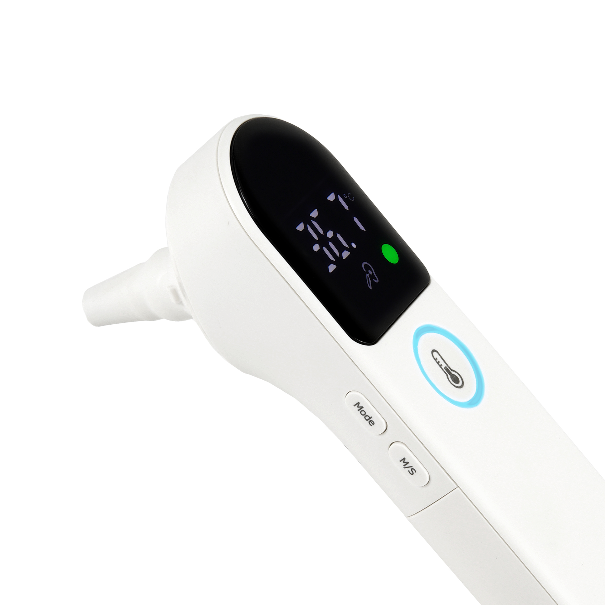 Ein weißes digitales Infrarot-Ohrthermometer mit schwarzem Display und blauen Tasten auf weißem Hintergrund.