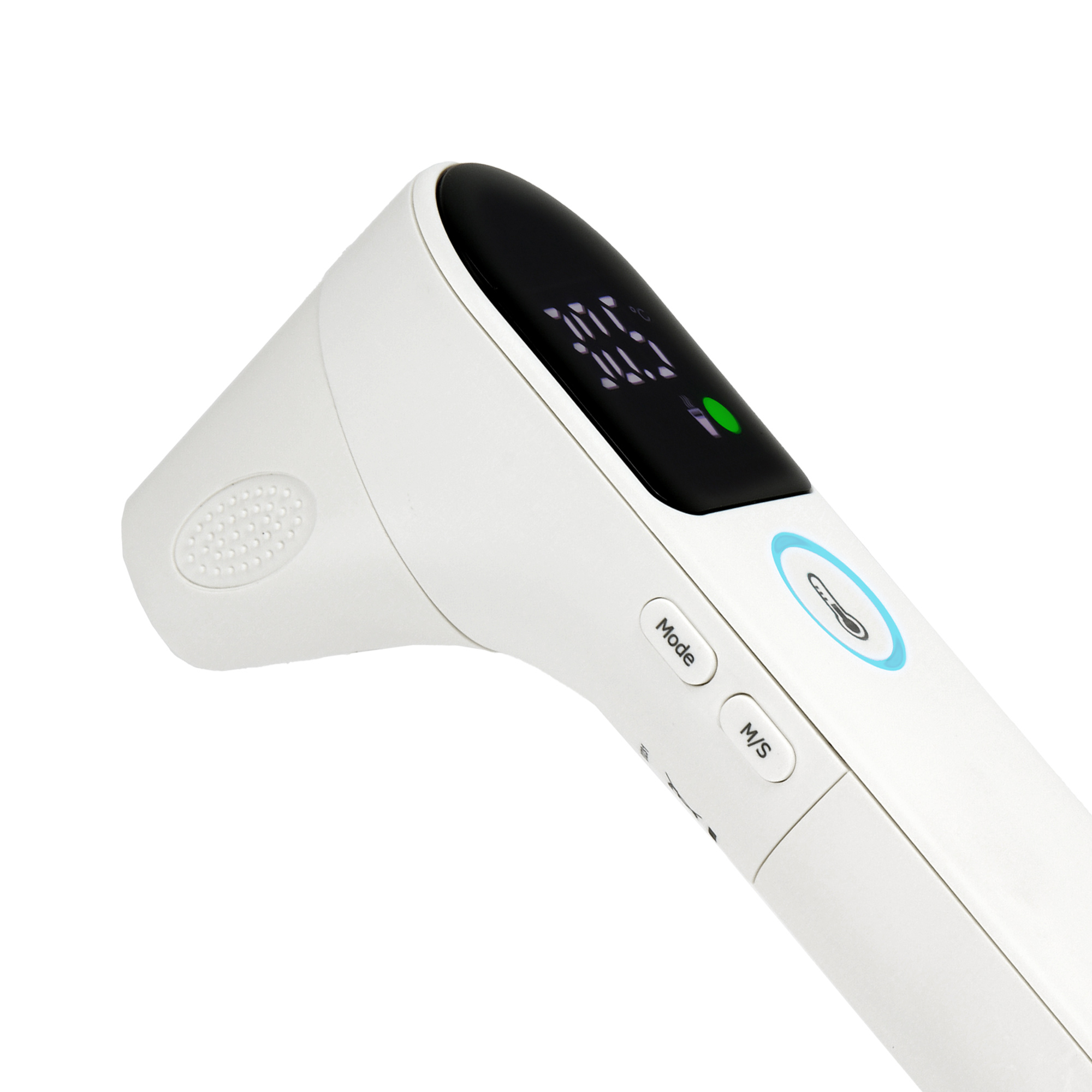 Weißes Infrarot-Fieberthermometer mit digitaler Anzeige auf weißem Hintergrund.