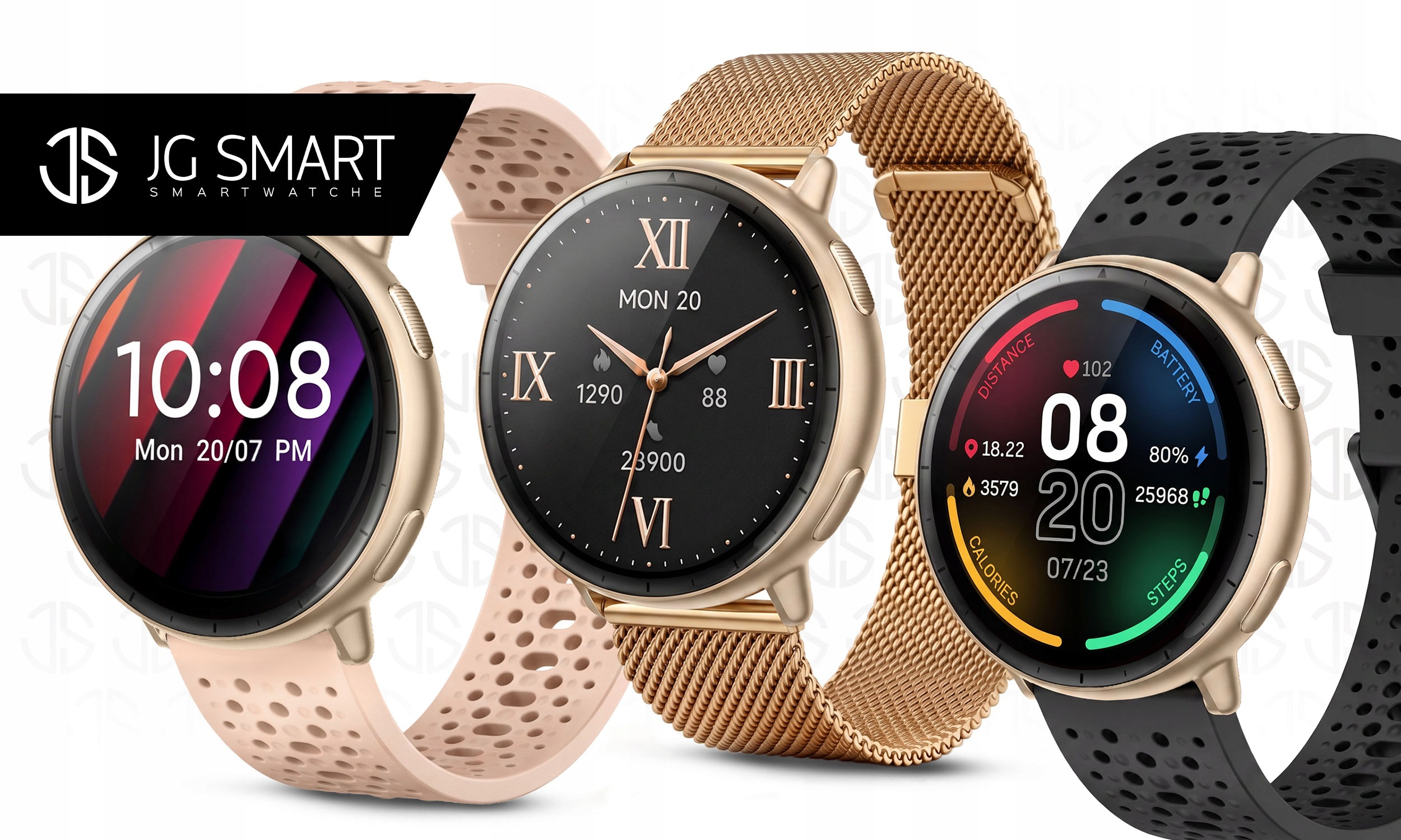 Trzy smartwatche JG Smart z różnymi tarczami oraz różowym, złotym i czarnym paskiem.