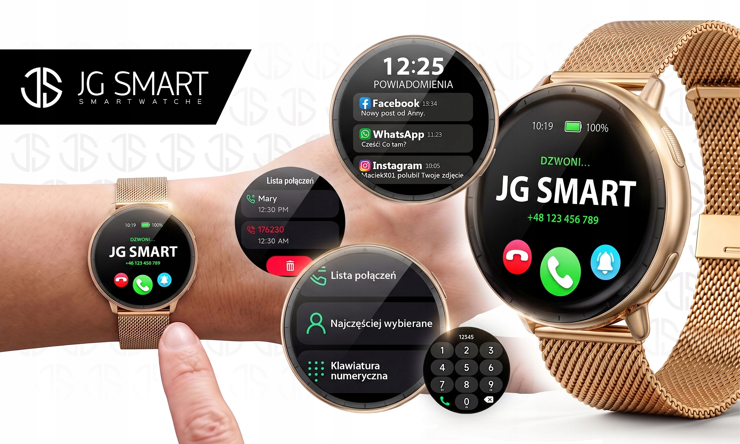 Złoty smartwatch JG Smart z metalową bransoletą, powiadomieniami i funkcją połączeń na nadgarstku.