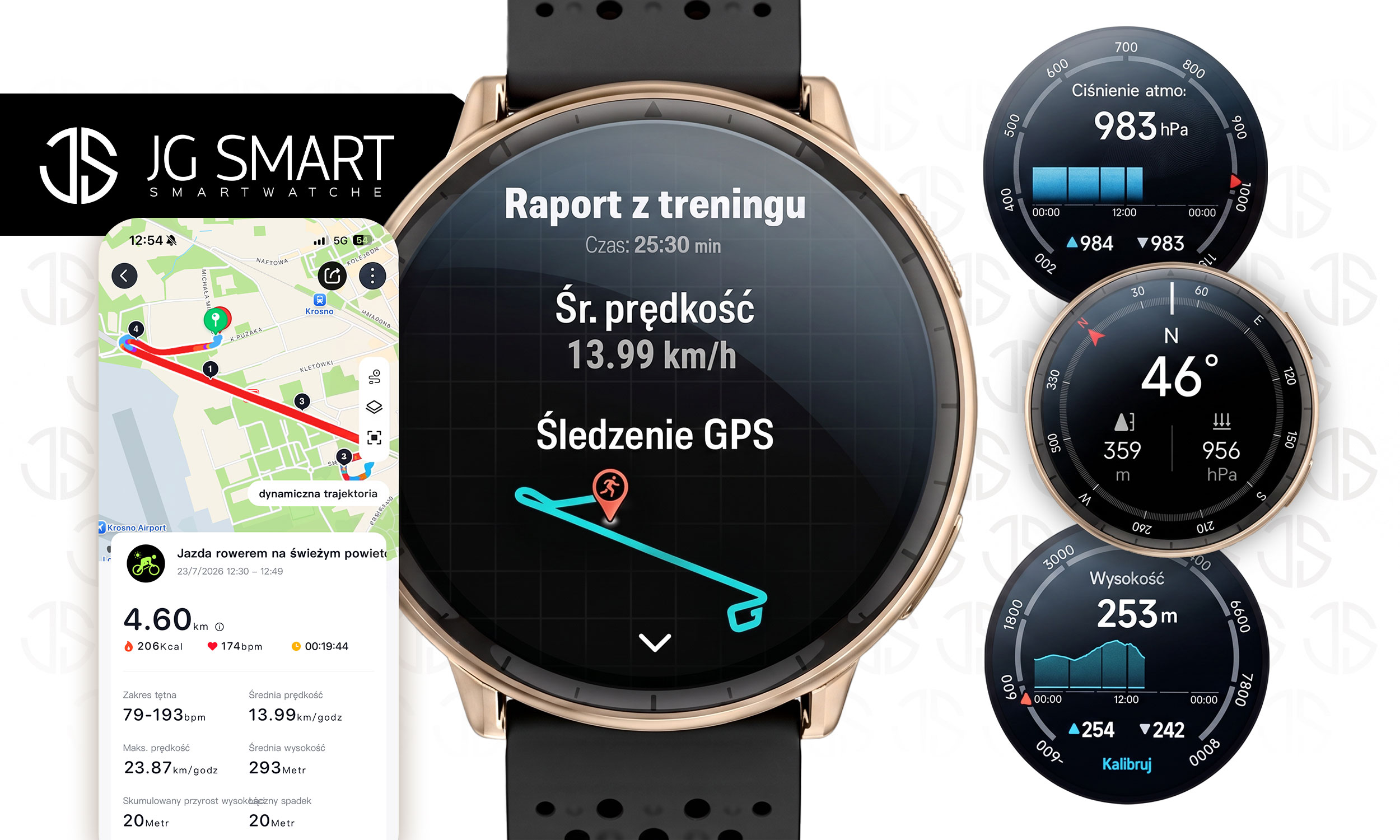 Złoty smartwatch prezentujący raport z treningu z mapą GPS, prędkością oraz danymi z sensorów.