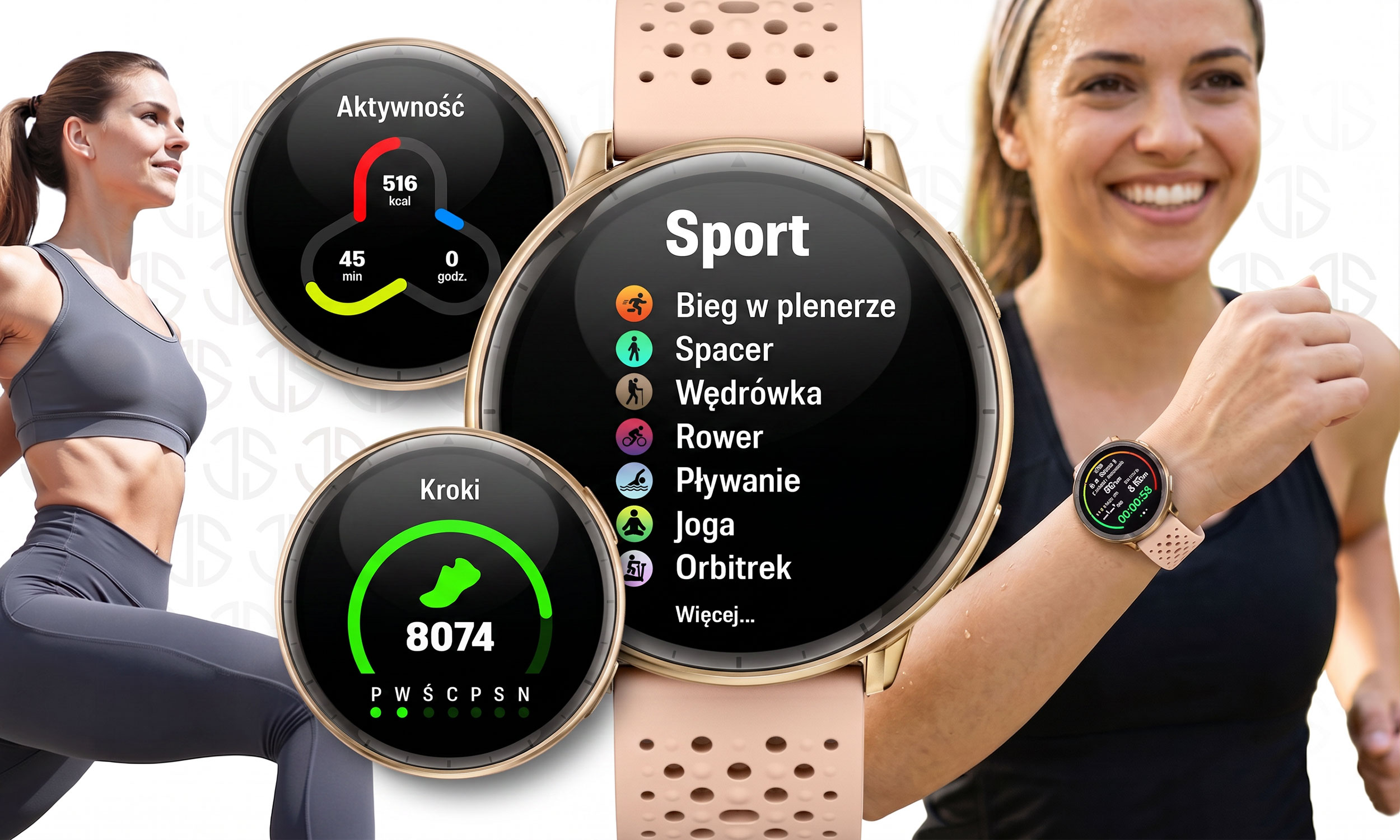 Smartwatch z trybami sportowymi i danymi fitness, otoczony przez dwie wysportowane kobiety.