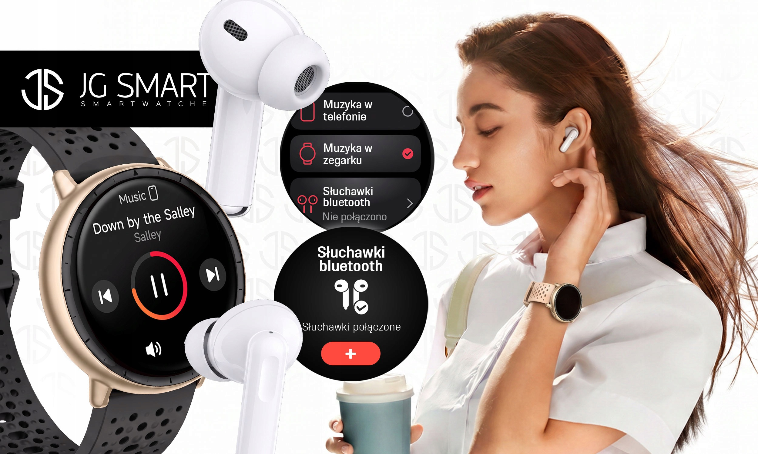 Kobieta w smartwatchu i słuchawkach obok menu zegarka.