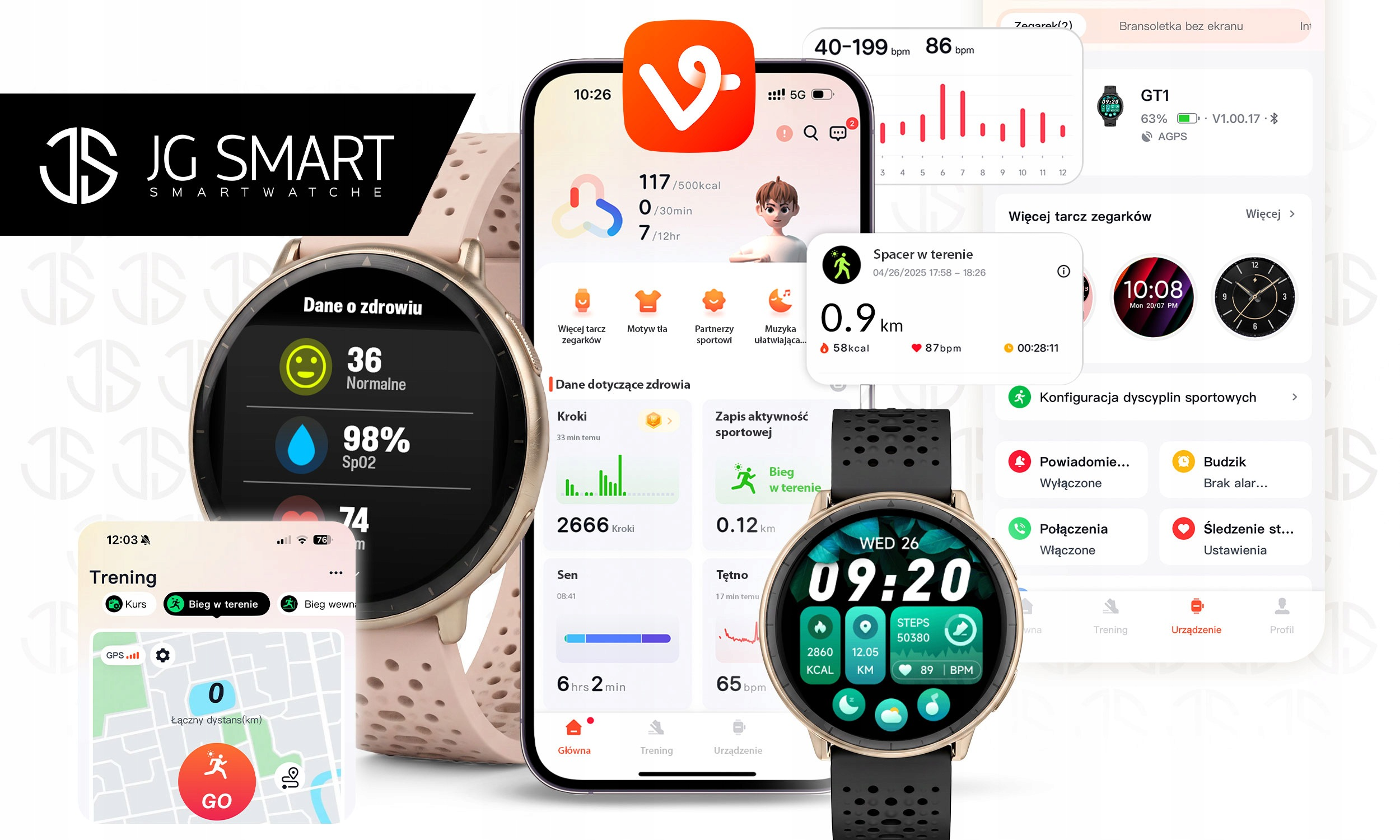 Złote smartwatchy i smartfon wyświetlają aplikacje fitness, dane zdrowotne i mapy treningowe.