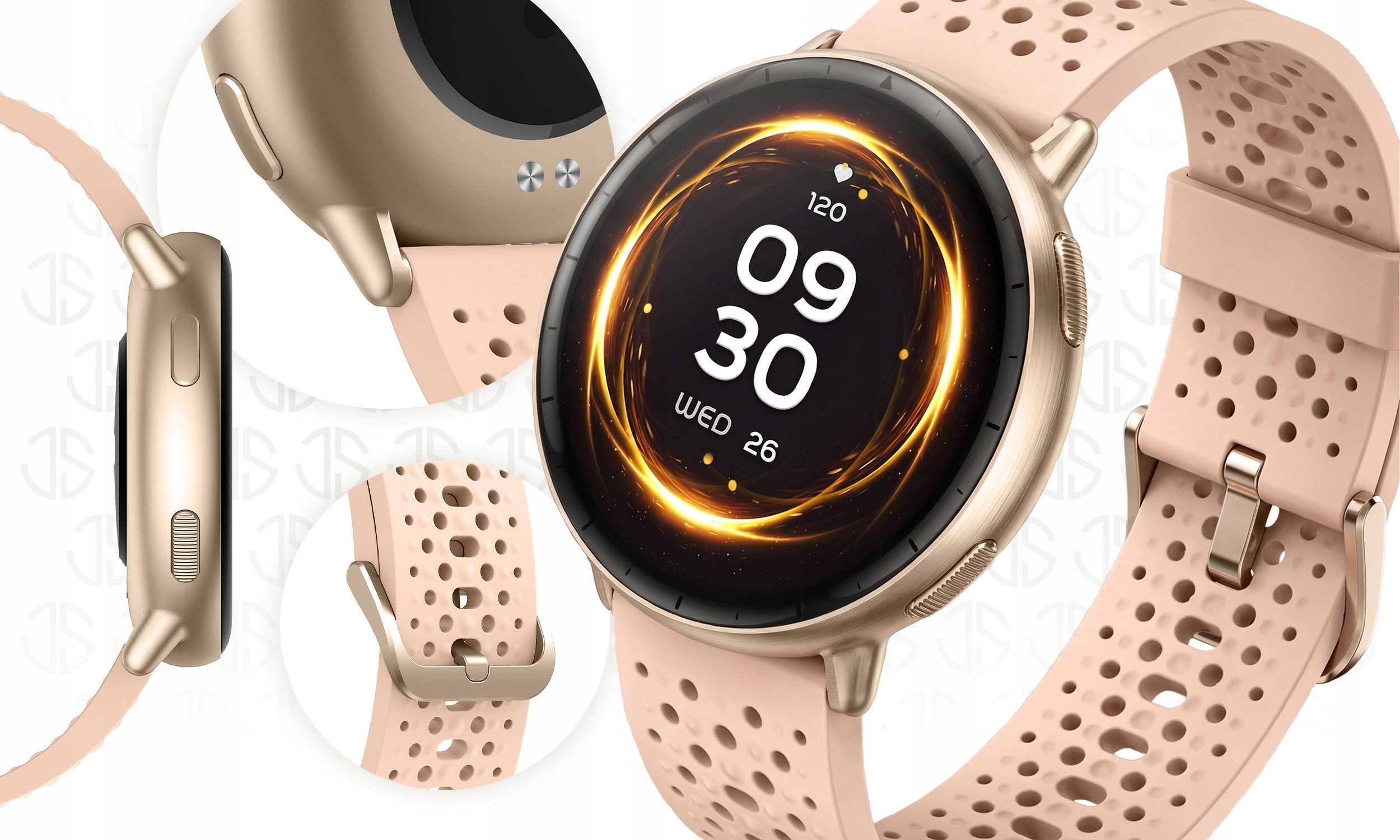 Złoty smartwatch z różowym paskiem sportowym i okrągłym ekranem.