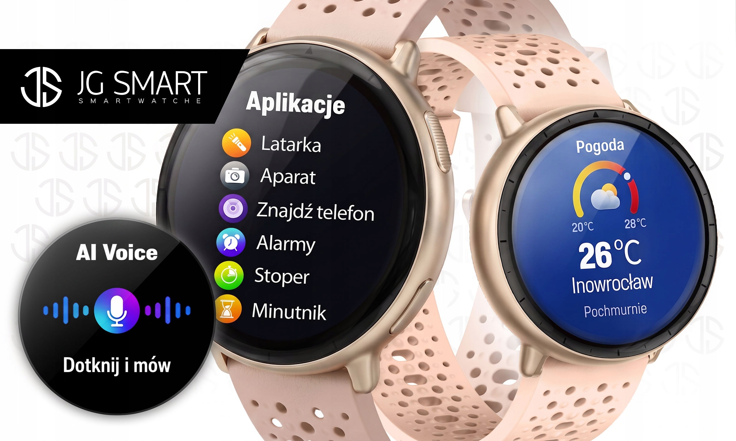 Dwa różowe smartwatche pokazują menu aplikacji i pogodę, uzupełnione widokiem głosu AI.