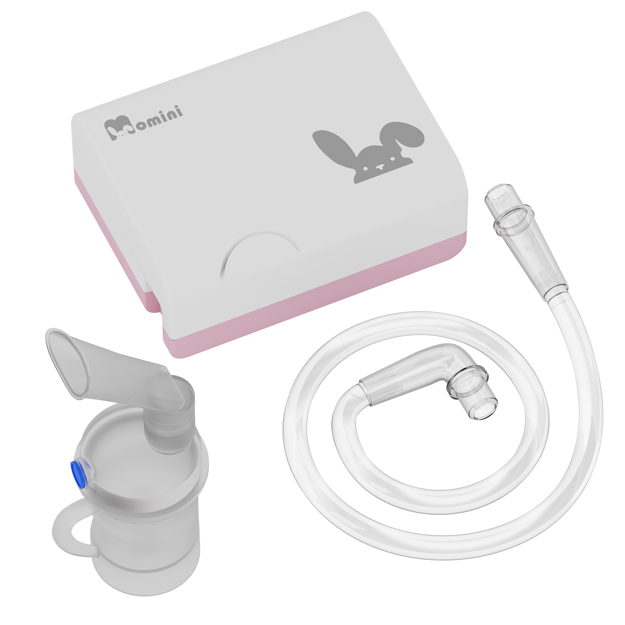 Ein weiß-rosa Inhalator mit Hasenlogo, einem klaren Schlauch und einem Medizibecher vor weißem Hintergrund.