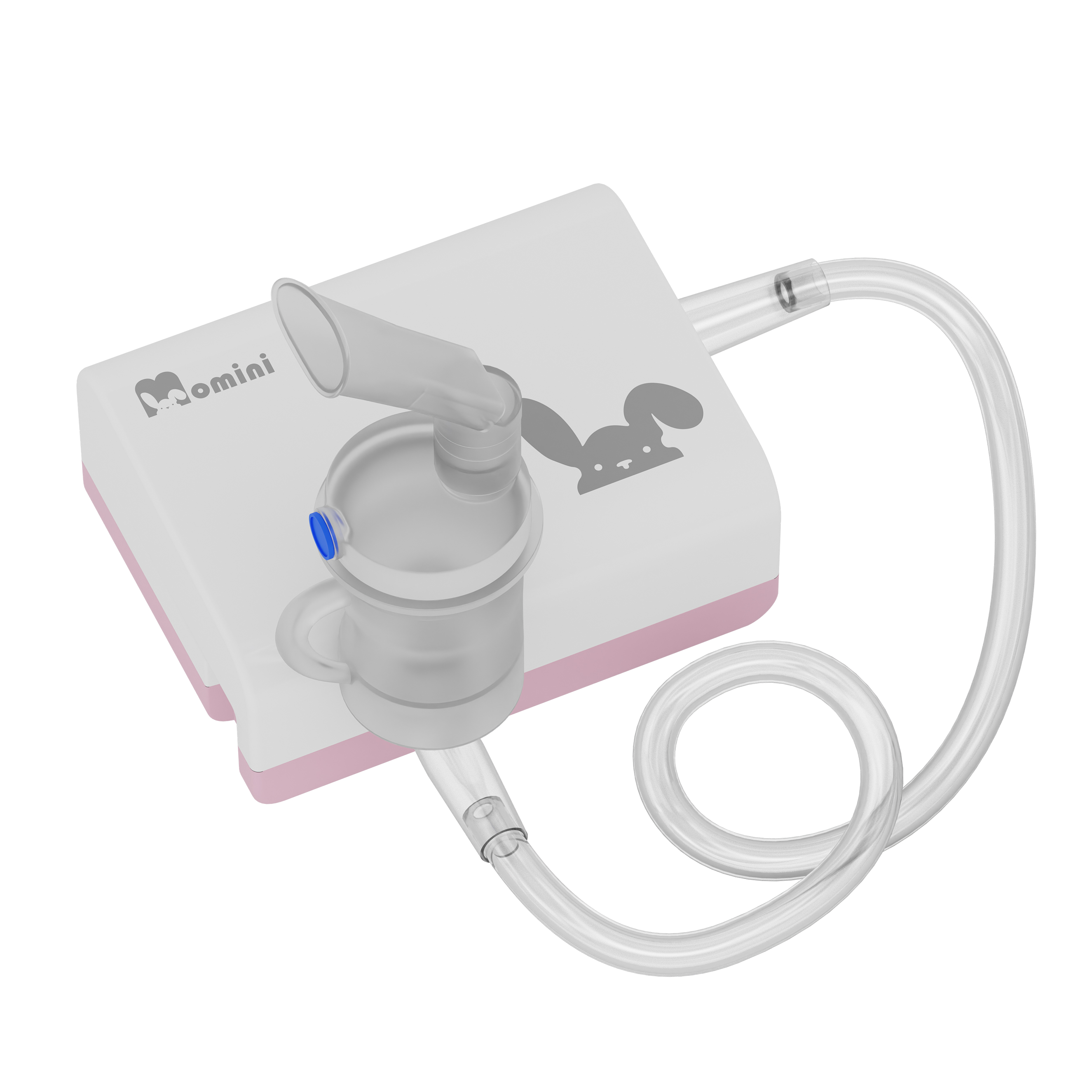 Ein weiß-rosafarbener Kompressor-Inhalator mit Hasen-Logo, durchsichtigem Schlauch und Mundstück.