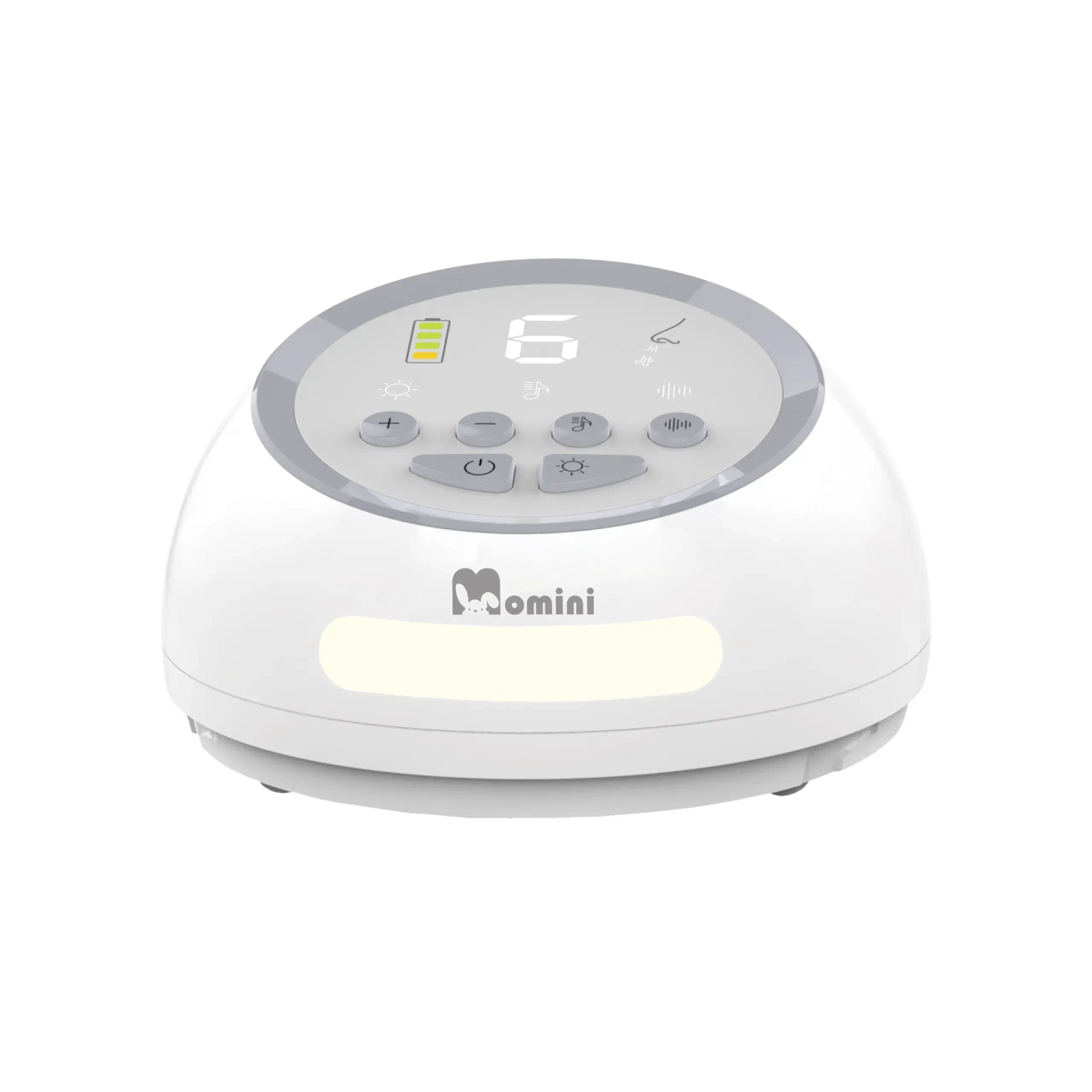 Dispositivo elettrico rotondo bianco con pannello di controllo grigio, pulsanti, display LED e logo Moomini.