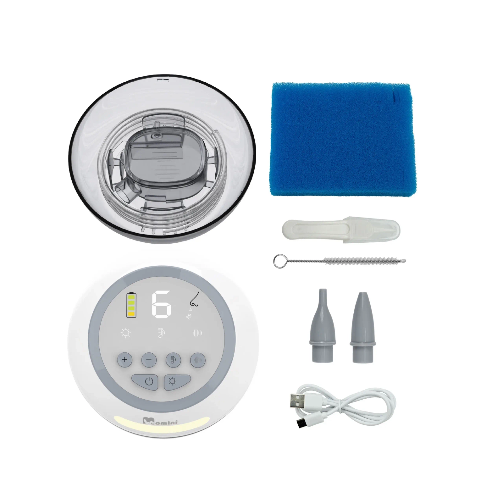 Un aspiratore nasale bianco con display digitale, contenitore, spugna blu, spazzolino e beccucci.