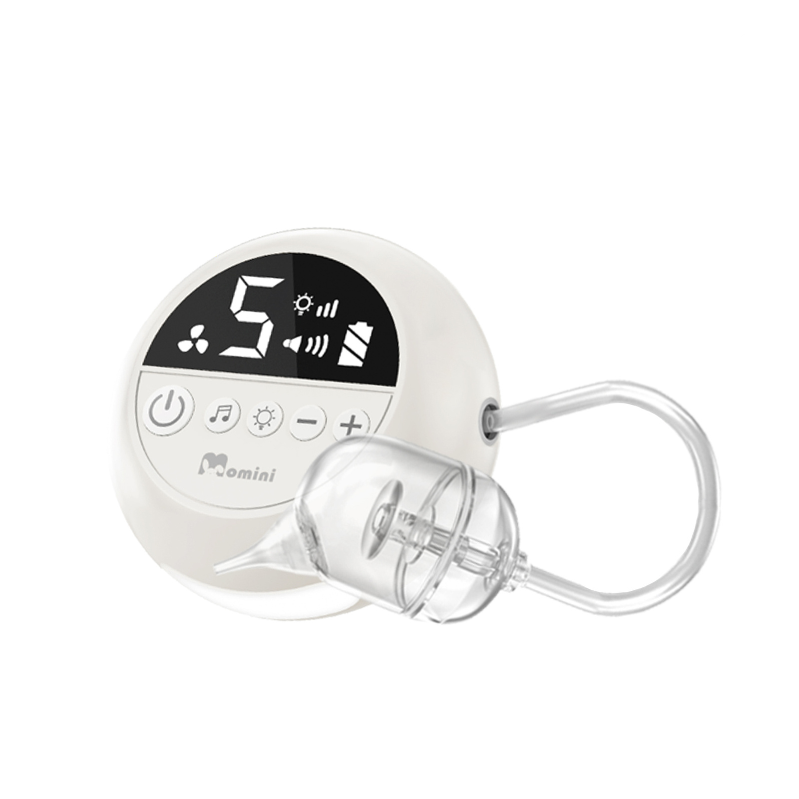 Aspiratore nasale elettrico bianco con display digitale e punta in silicone trasparente.