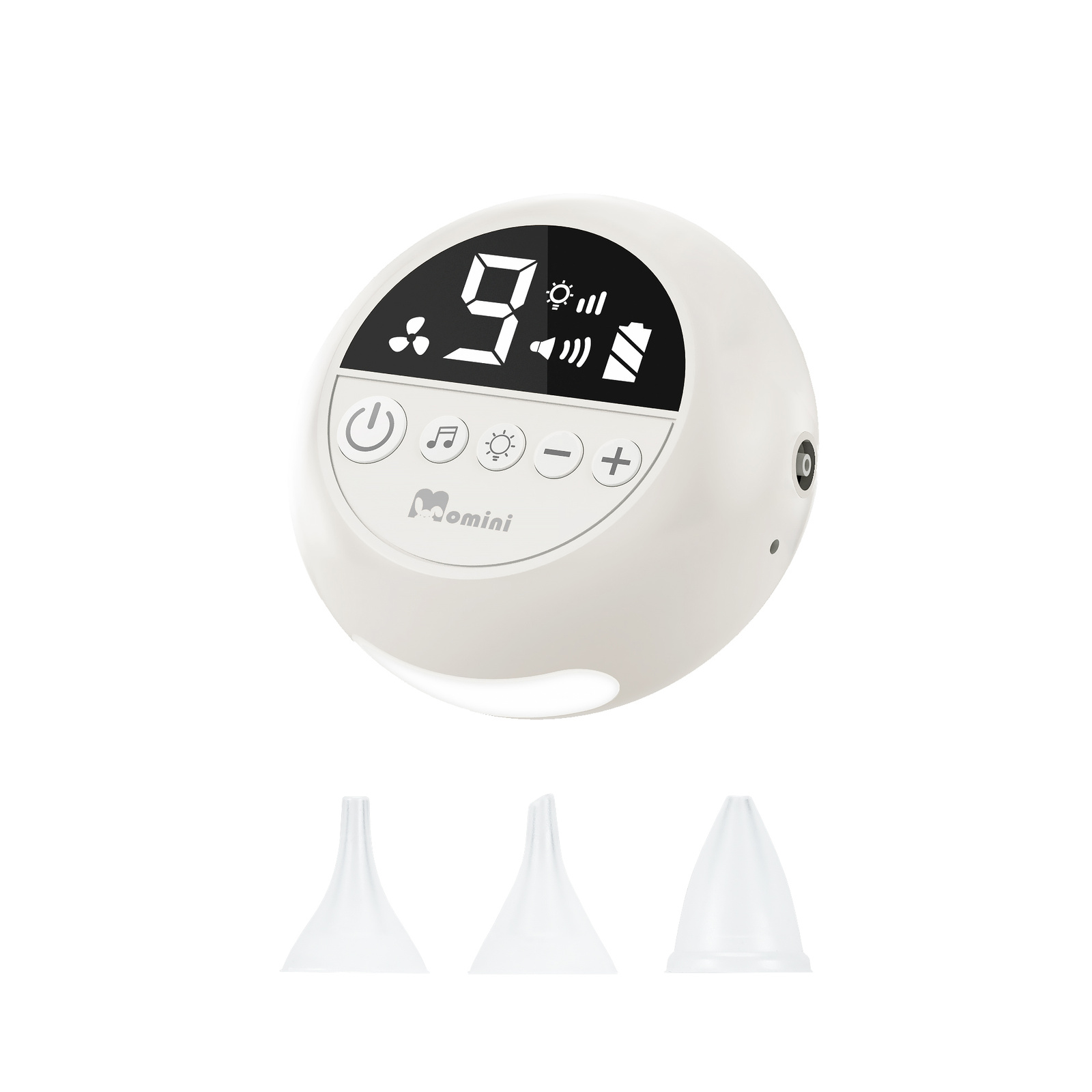 Dispositivo digitale rotondo bianco con schermo nero che mostra il numero nove e tre punte in silicone sotto.