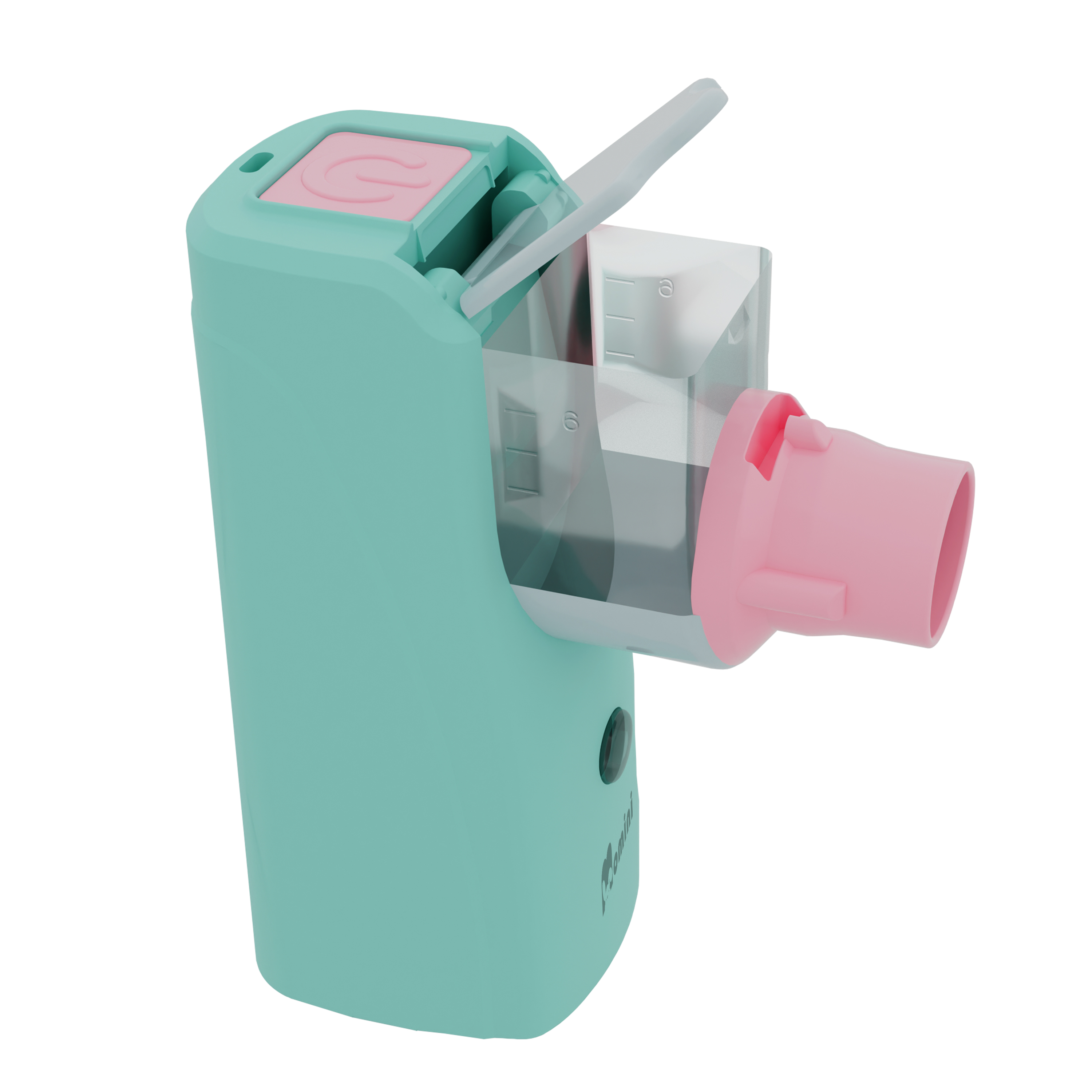 Przenośny miętowy inhalator z różowym ustnikiem i otwartym przezroczystym pojemnikiem.