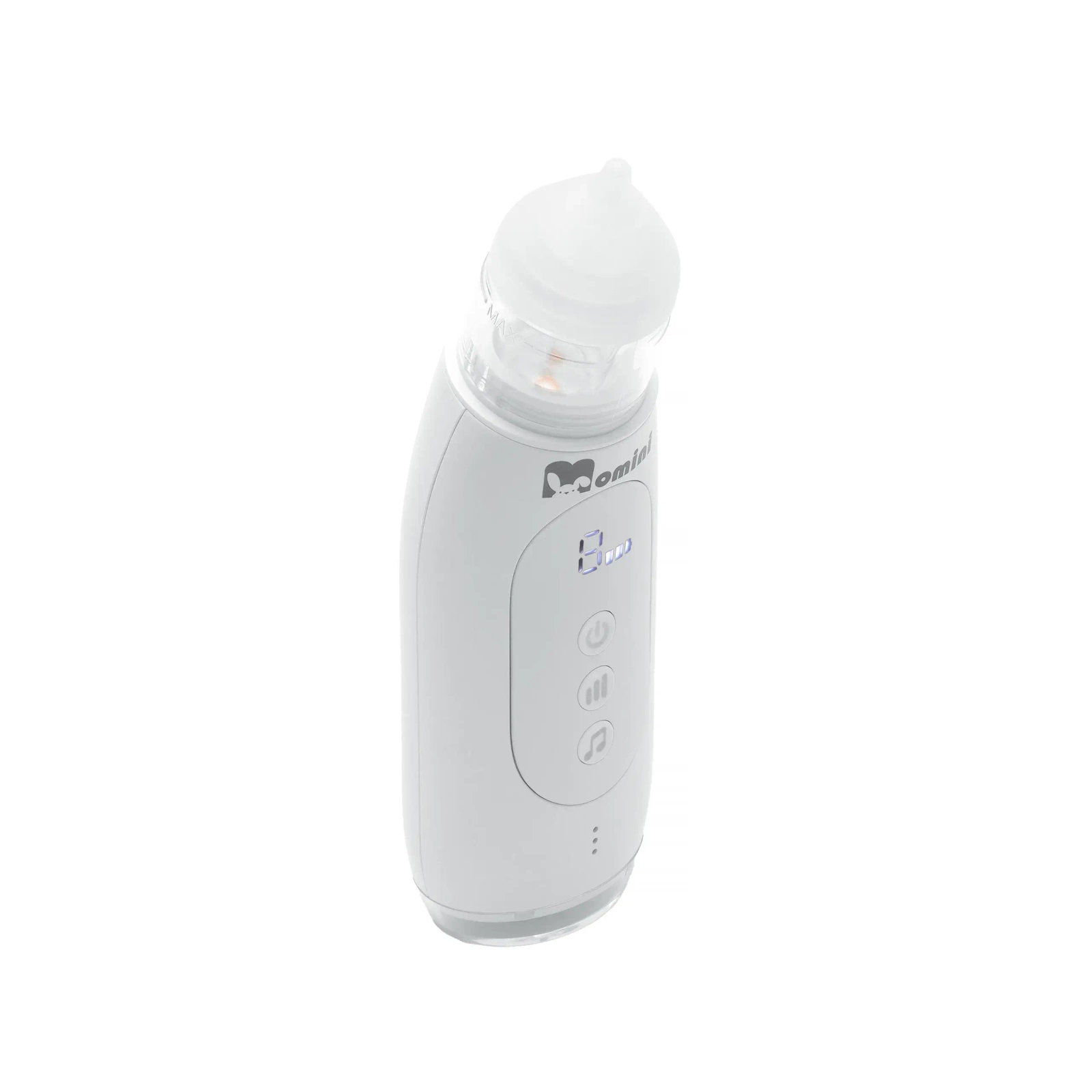 Un aspiratore nasale elettronico bianco con punta in silicone trasparente e pulsanti.