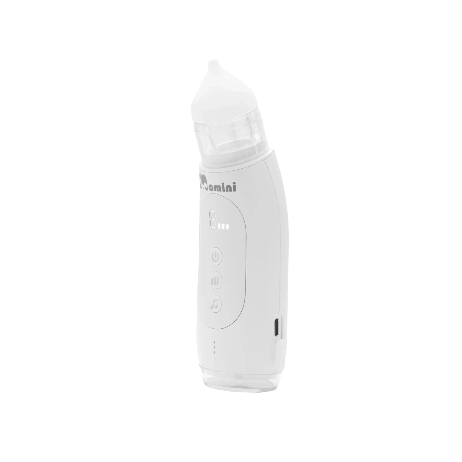 Un aspiratore nasale elettrico bianco per neonati con schermo LCD e pulsanti di controllo su sfondo chiaro.