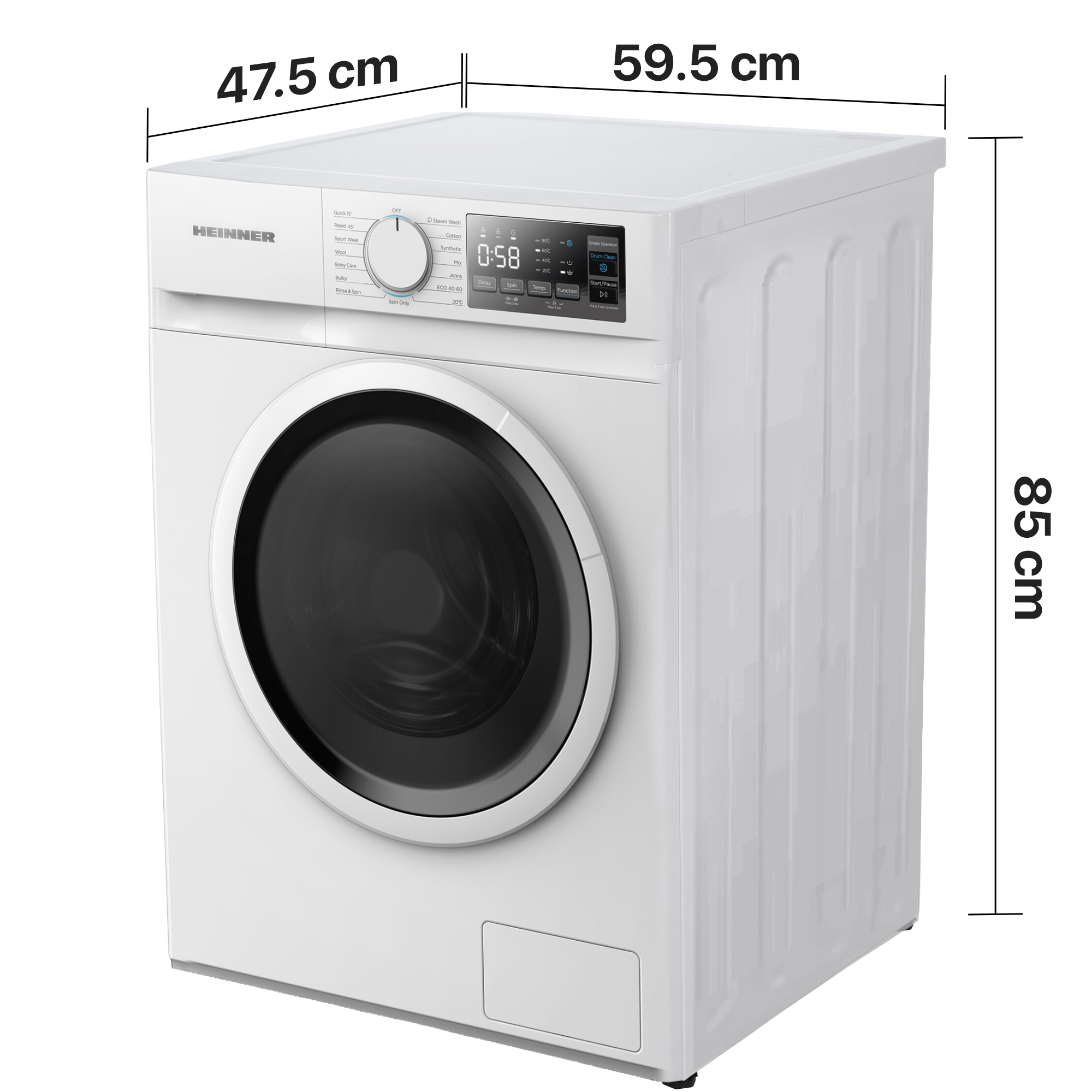 Un lave-linge blanc avec des accents noirs, dimensions : 47,5 cm de profondeur, 59,5 cm de largeur, 85 cm de hauteur.
