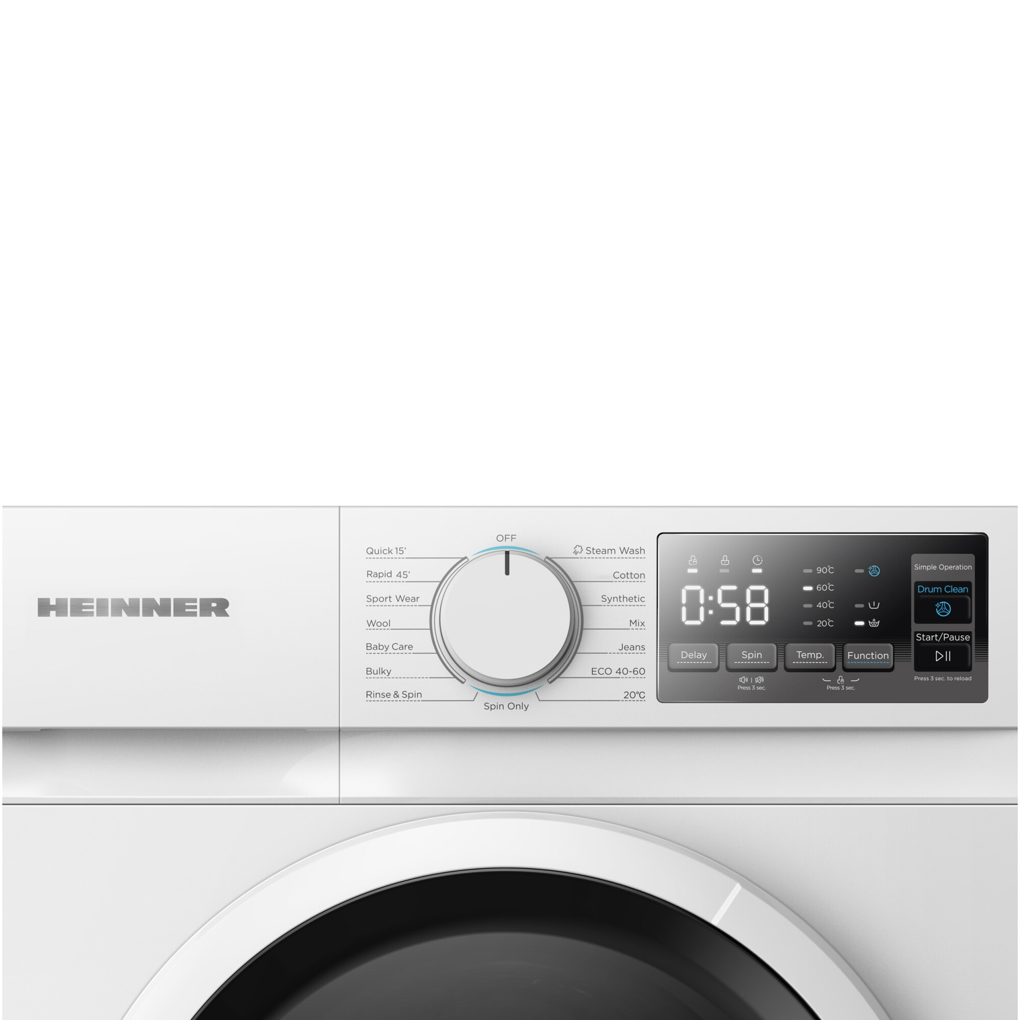 Panneau de commande d'un lave-linge blanc Heinner avec sélecteur de programmes, écran numérique et touches tactiles.