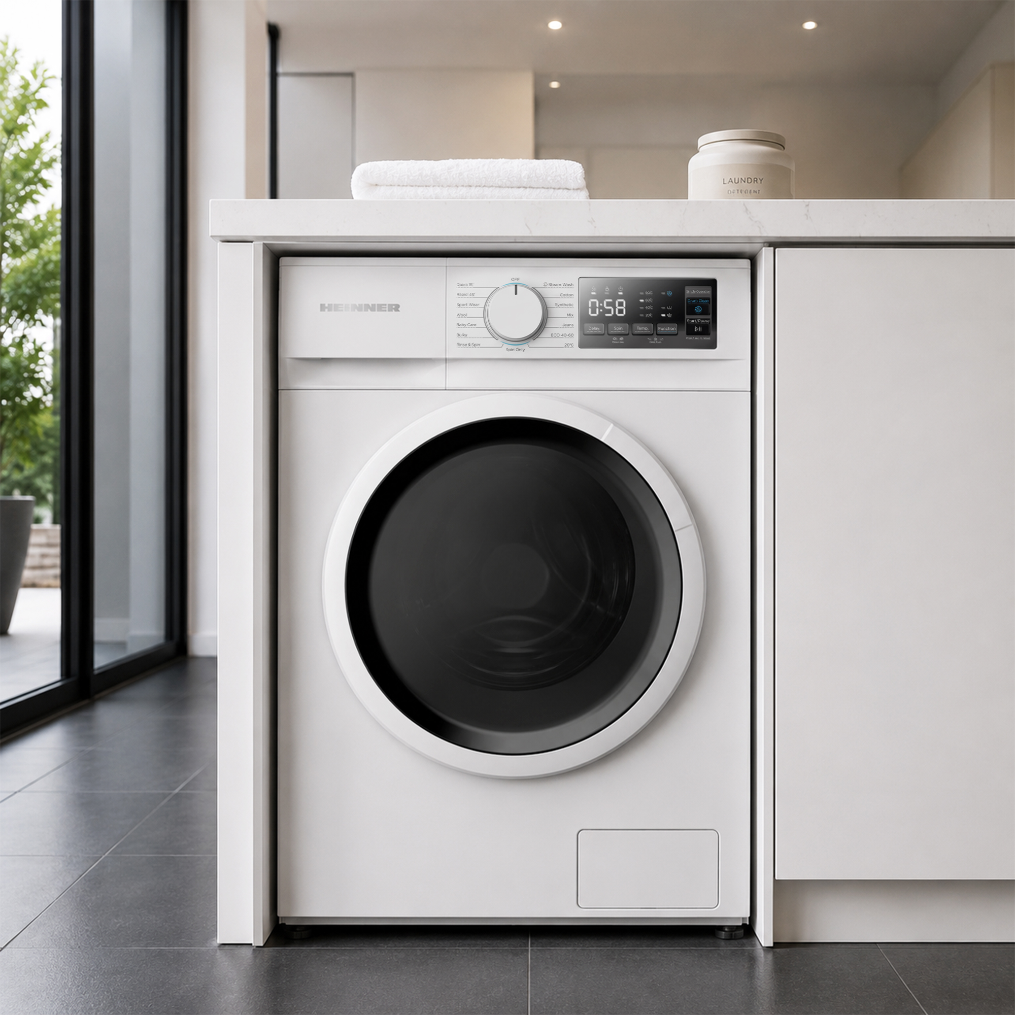 Un lave-linge blanc est encastré sous un plan de travail, avec une serviette et un pot de lessive posés dessus.