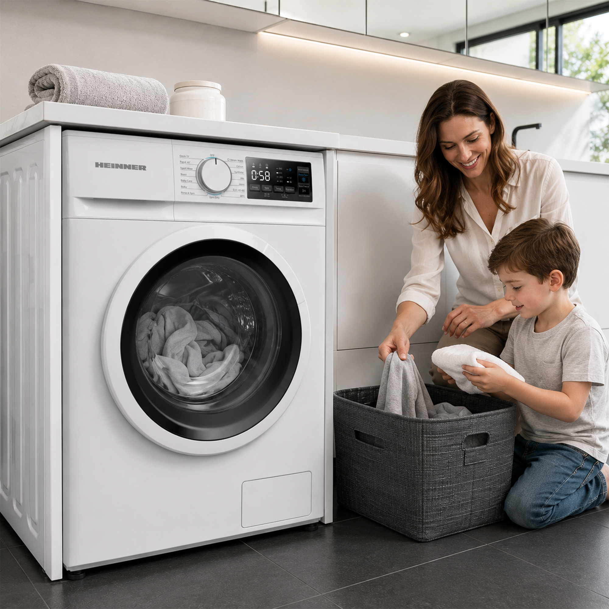 Une mère et son fils sortent du linge d'un panier à côté d'un lave-linge Heinner.