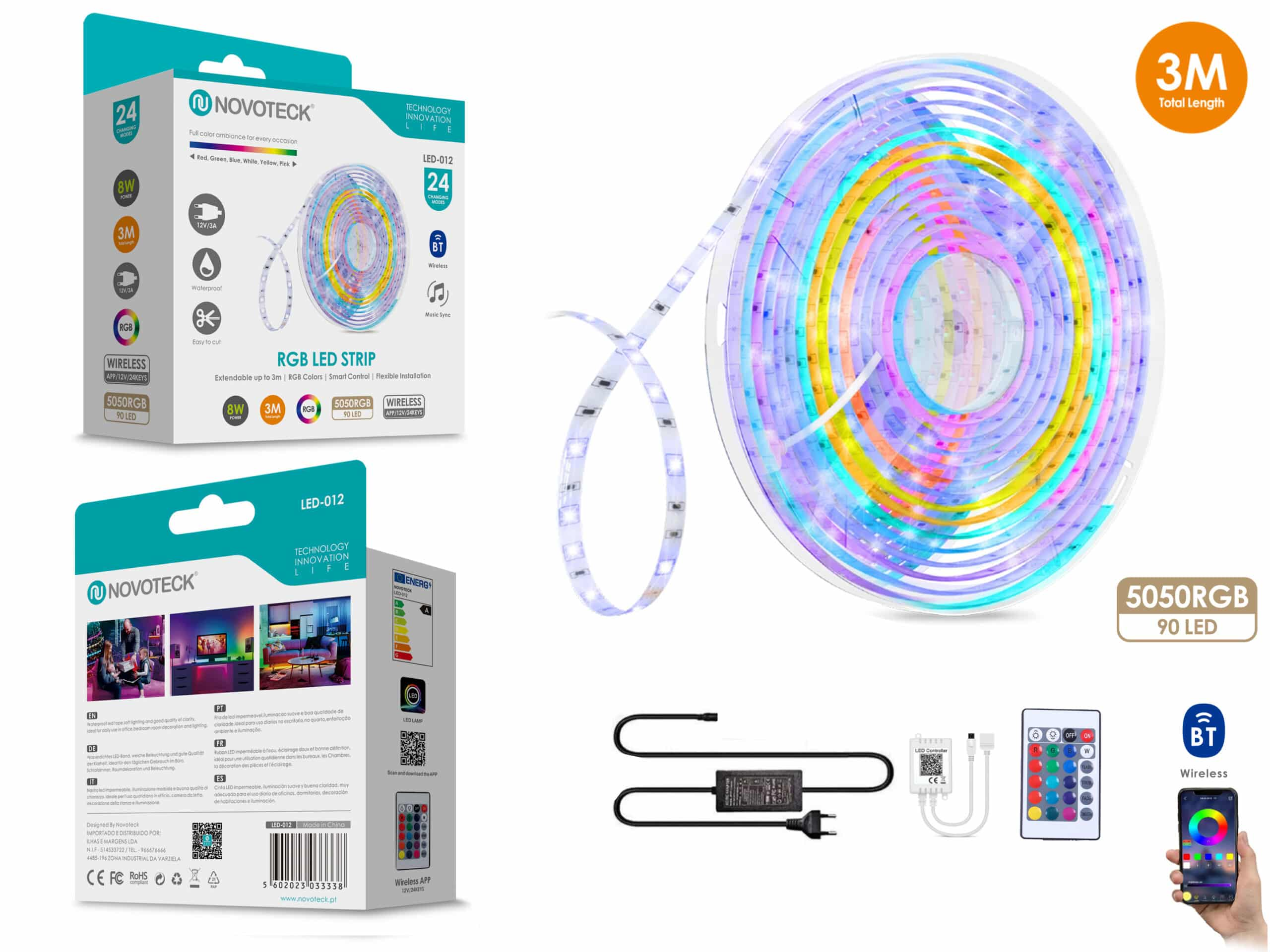 Striscia LED RGB Novoteck con confezione, telecomando, alimentatore e controllo tramite app.