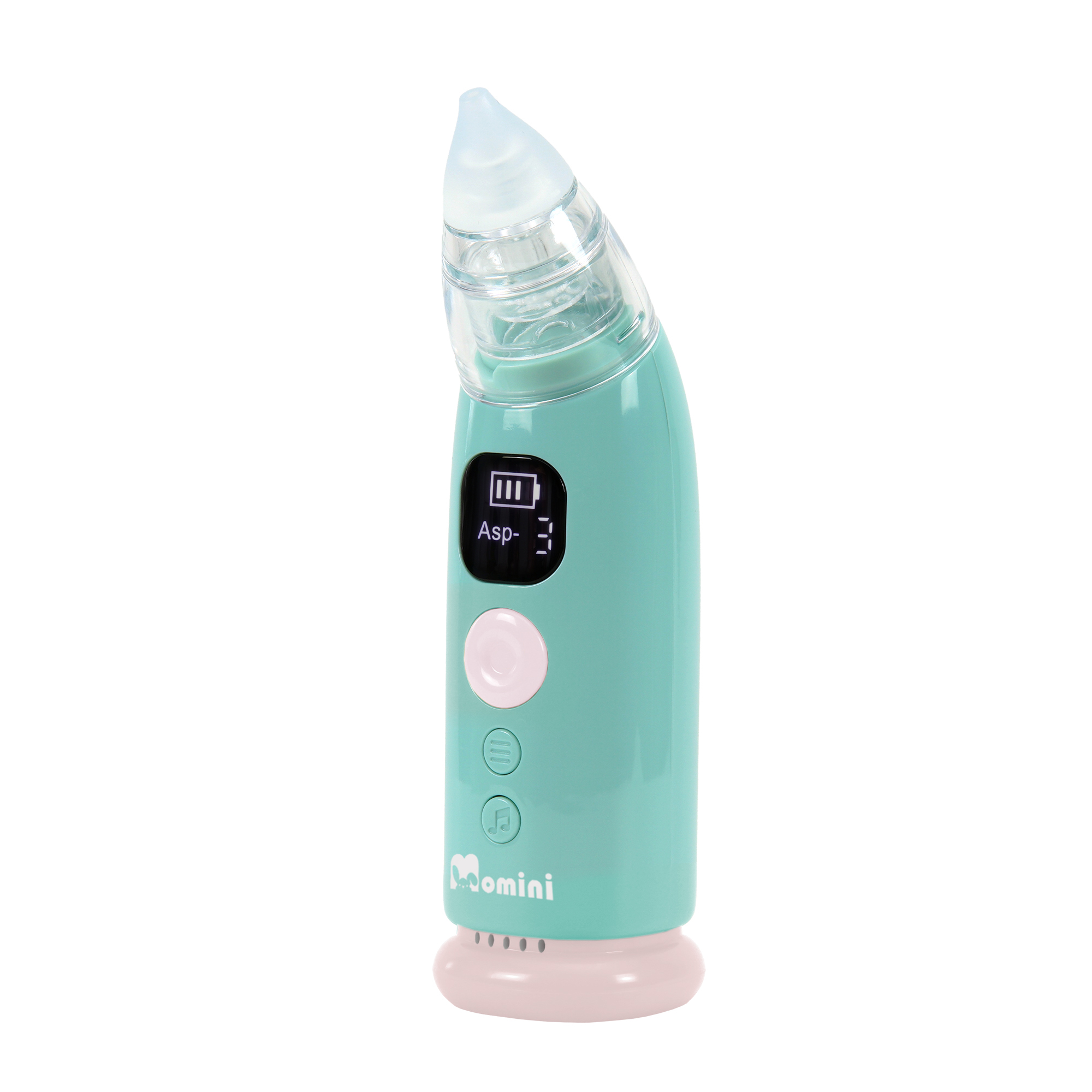 Un aspiratore nasale elettrico turchese con schermo LCD, pulsanti rosa e base su sfondo bianco.