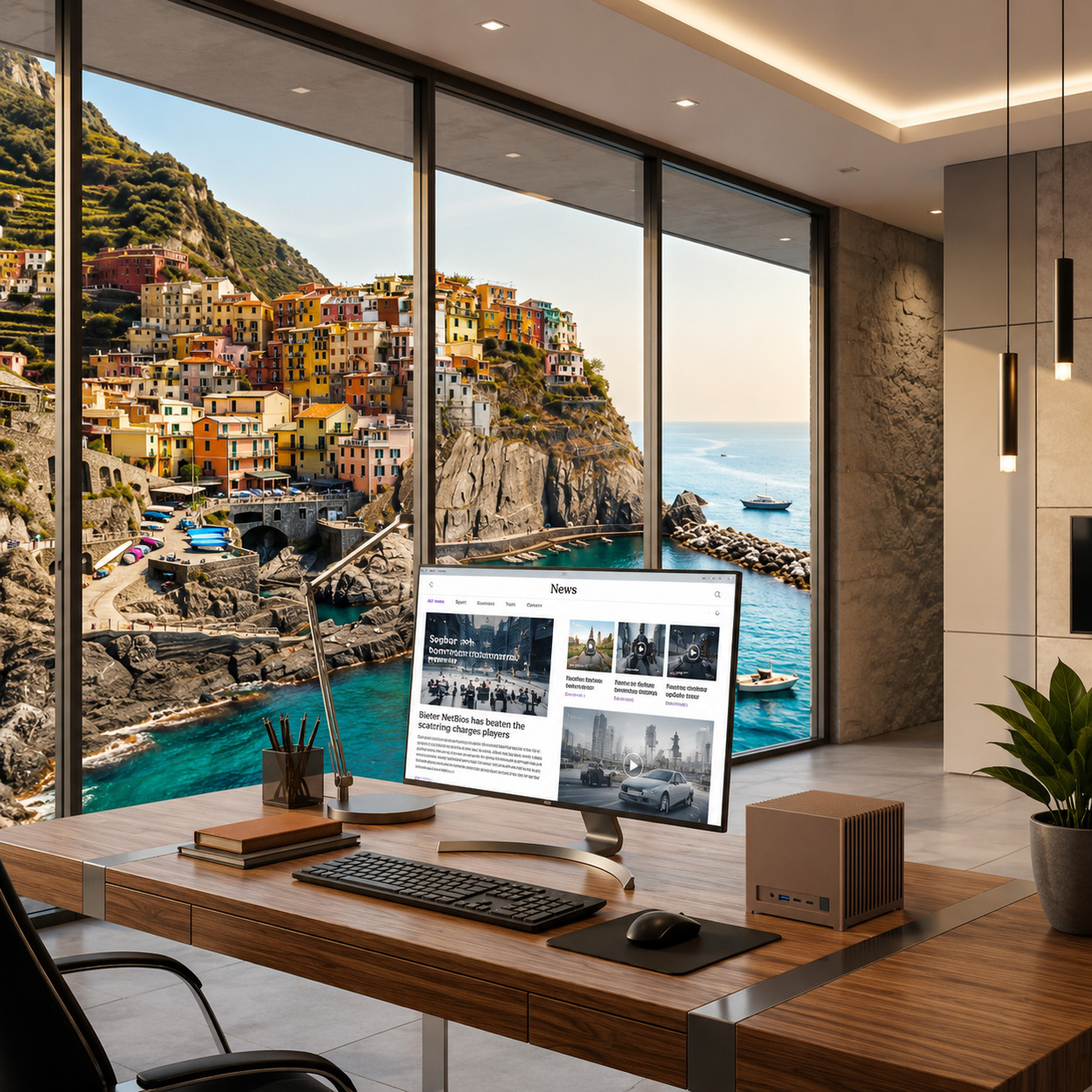Una moderna scrivania con computer e vista su una città costiera.