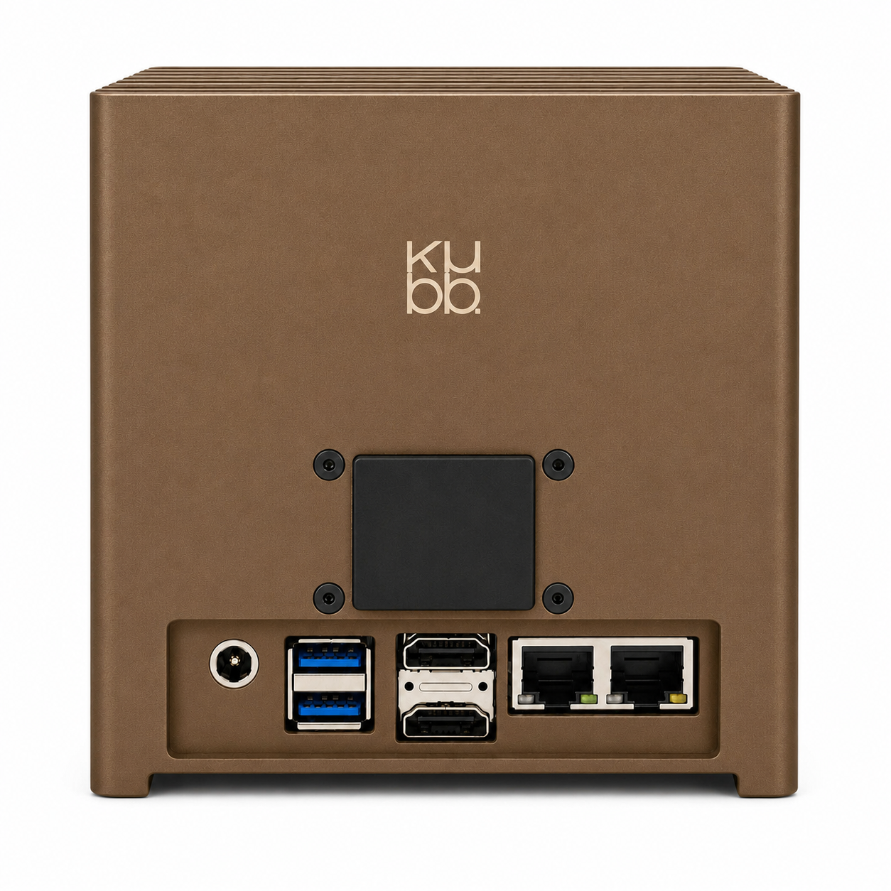 Vista posteriore di un mini PC marrone con varie porte, tra cui USB, HDMI ed Ethernet.