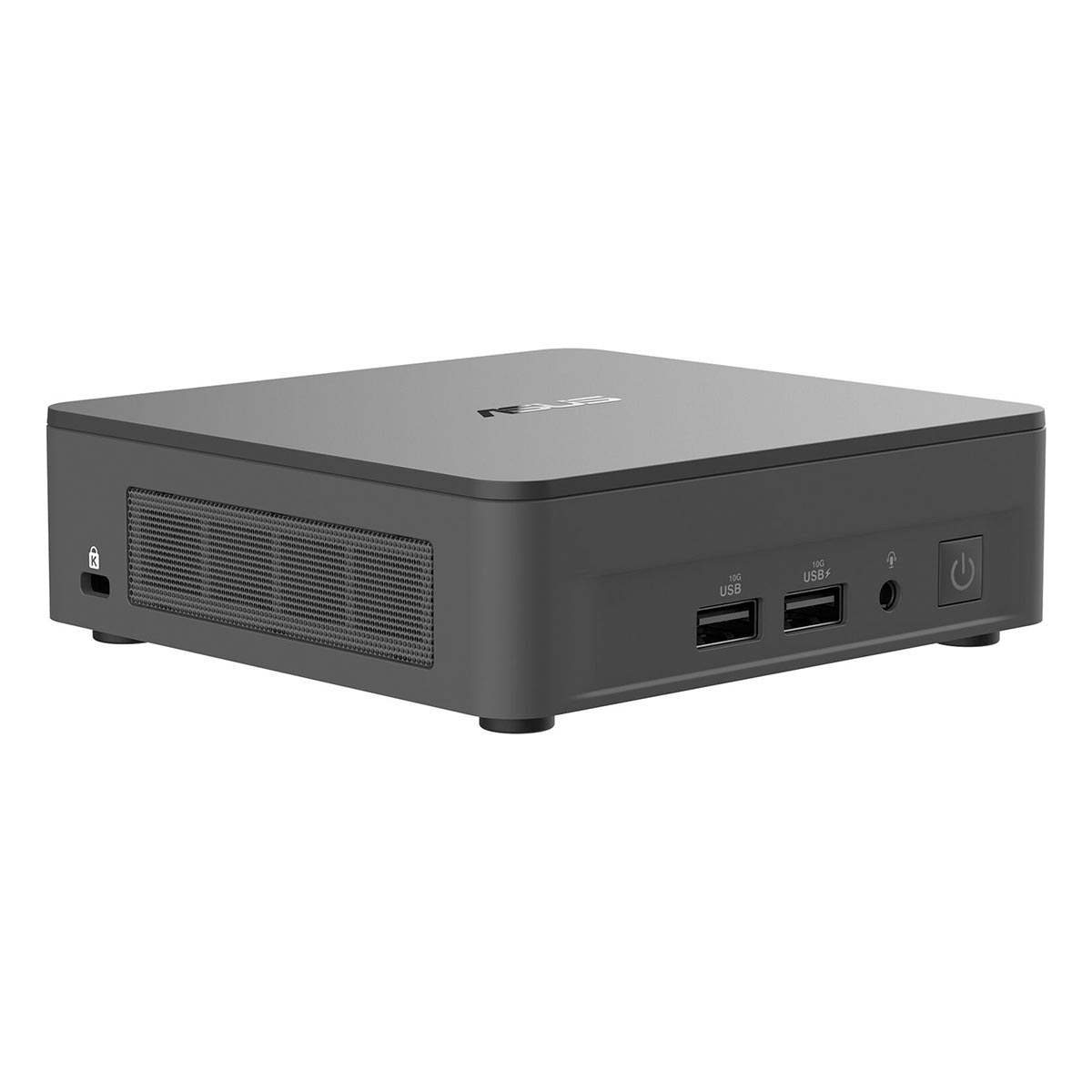Kompaktowy szary mini PC Asus z portami USB i przyciskiem zasilania na panelu przednim.