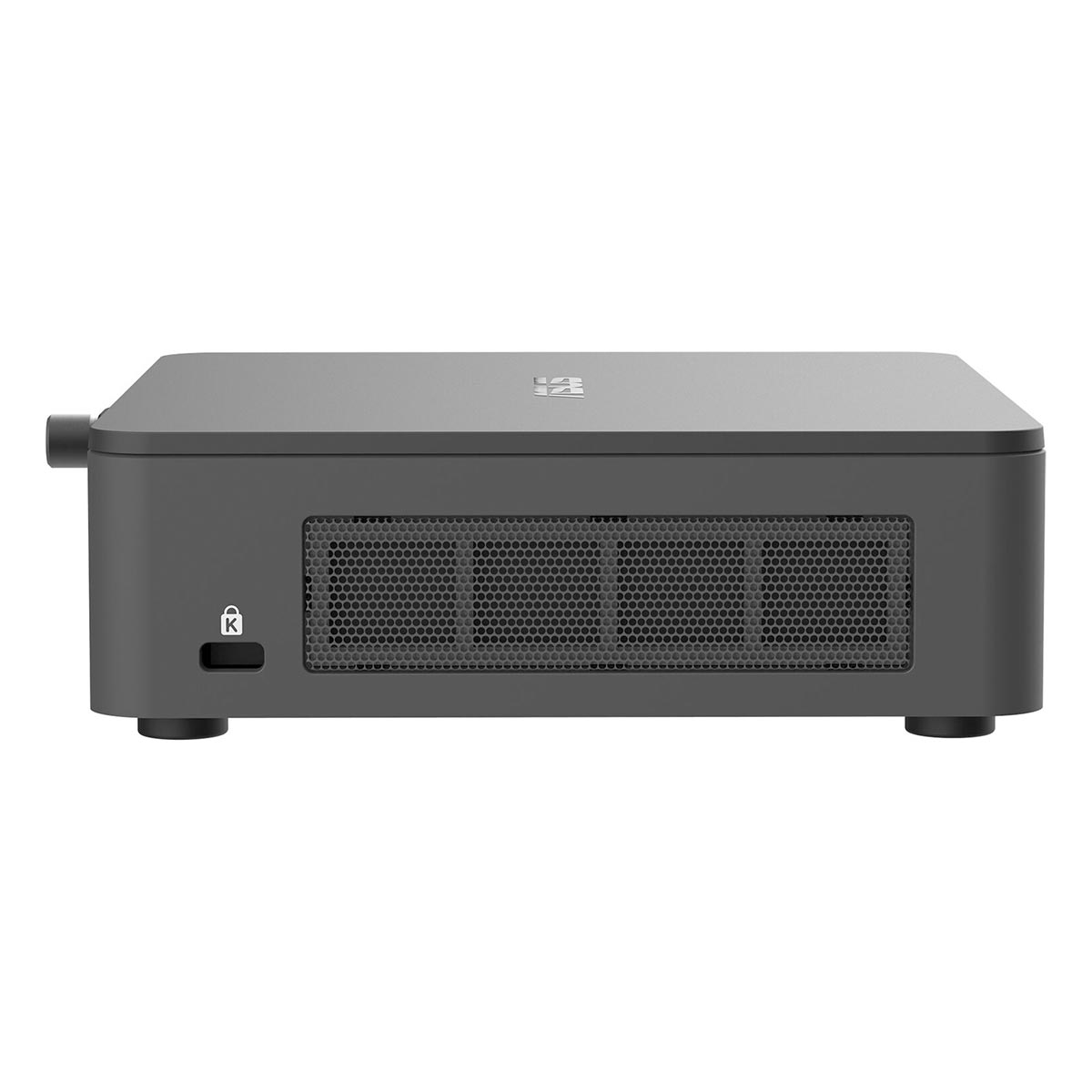 Szary mini PC o prostokątnym kształcie, z przednią kratką wentylacyjną i gniazdem blokady Kensington na białym tle.