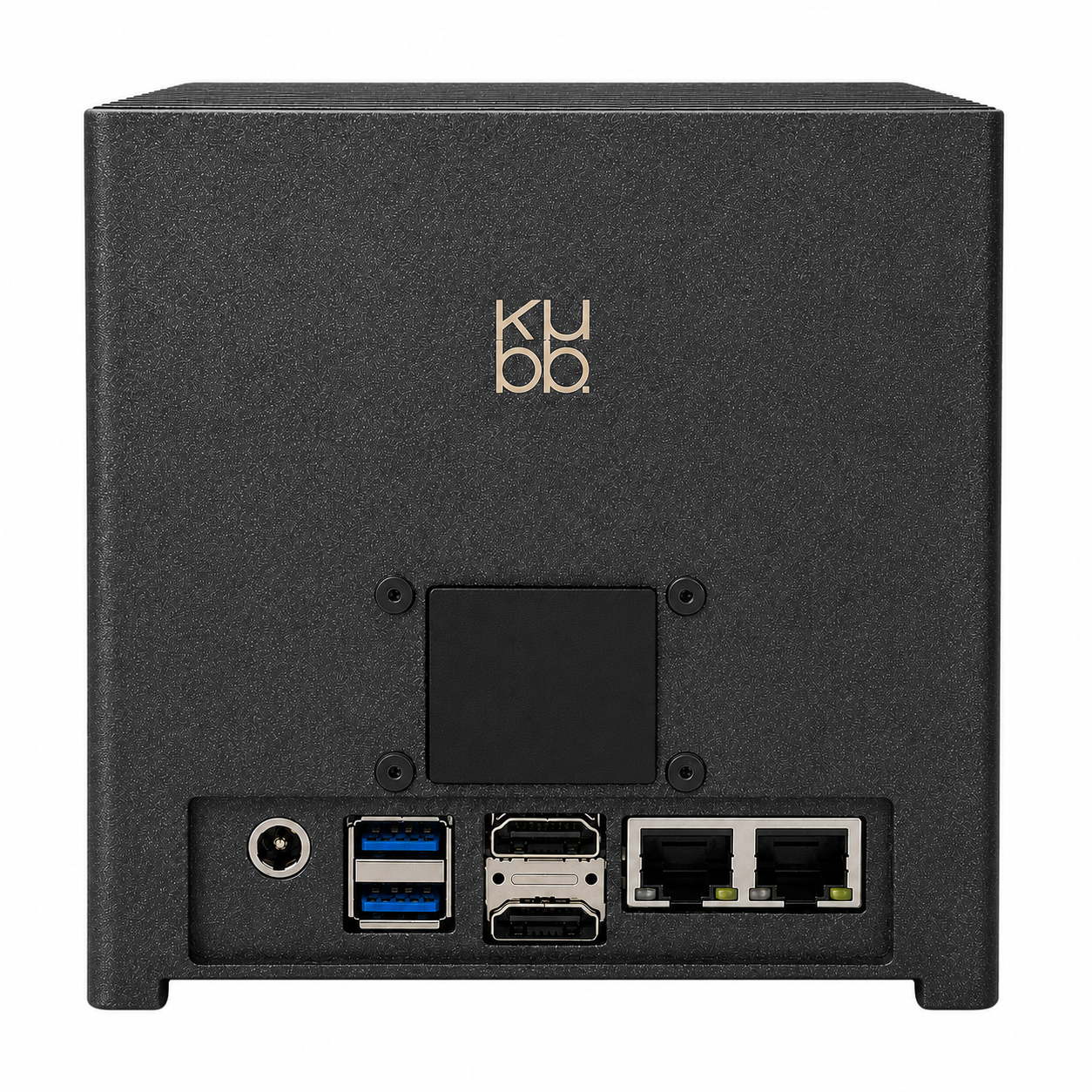 Vista posteriore di un mini PC nero con varie porte e il logo Kubb.