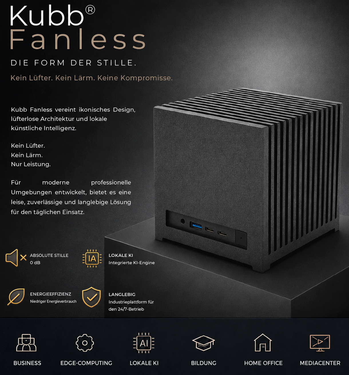 Un mini PC Kubb Fanless dal design squadrato e a coste poggia su un piedistallo nero su sfondo testuale.