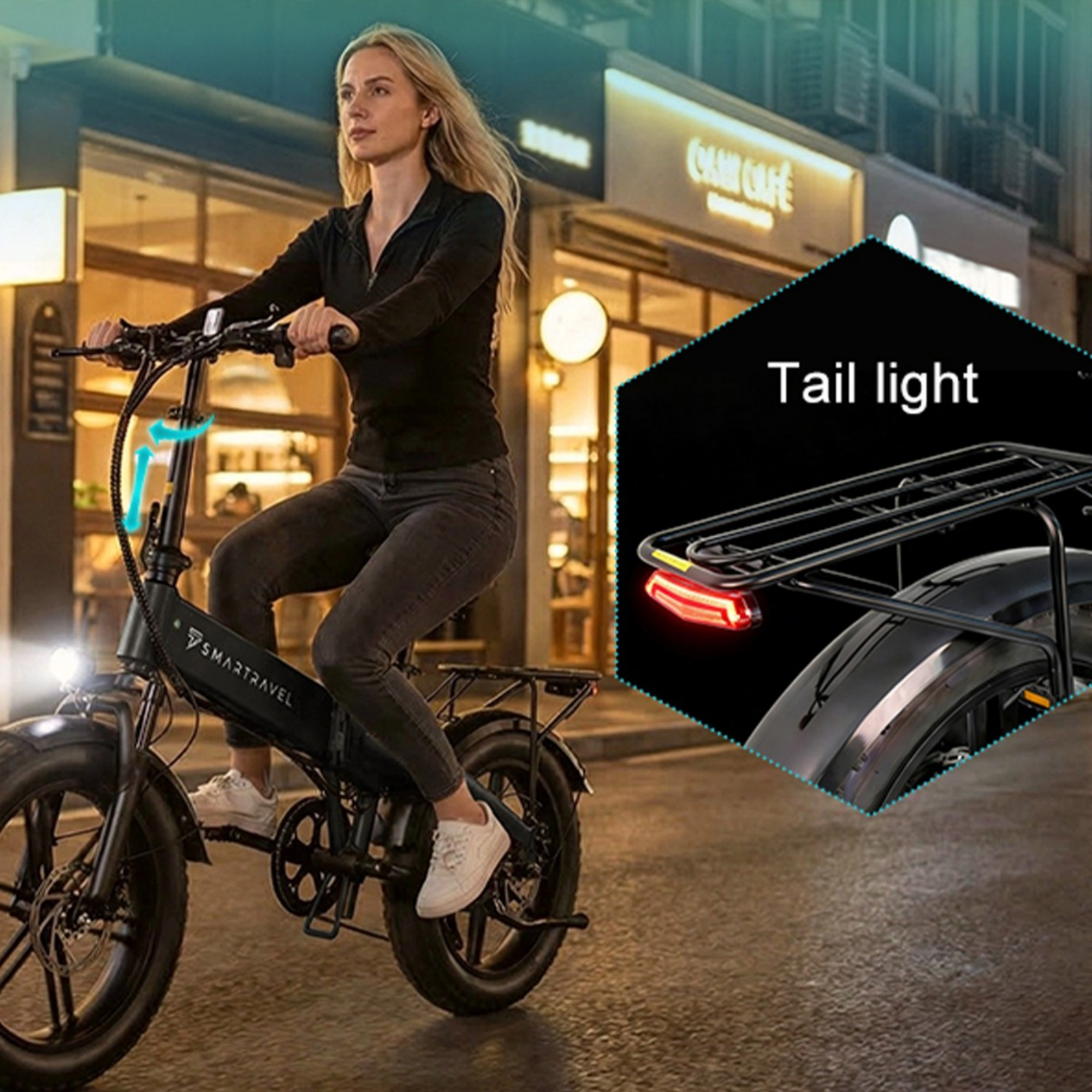 Blond kobieta jedzie nocą na rowerze elektrycznym, a wstawka pokazuje tylne światło.