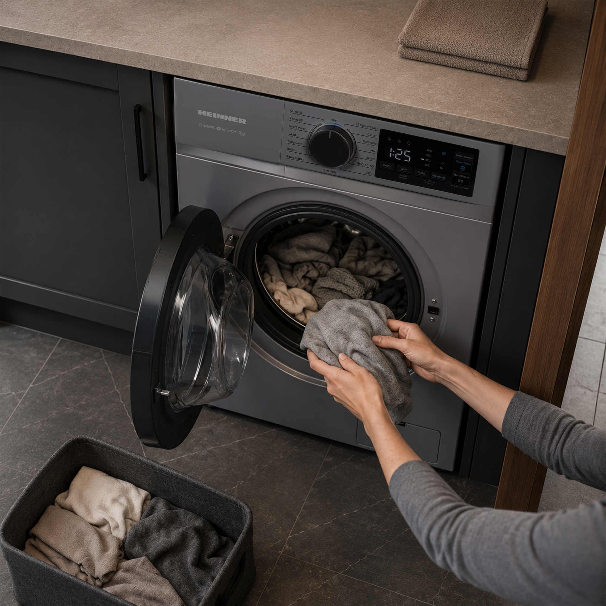 Une personne sort du linge gris d'un lave-linge à hublot vers un panier.