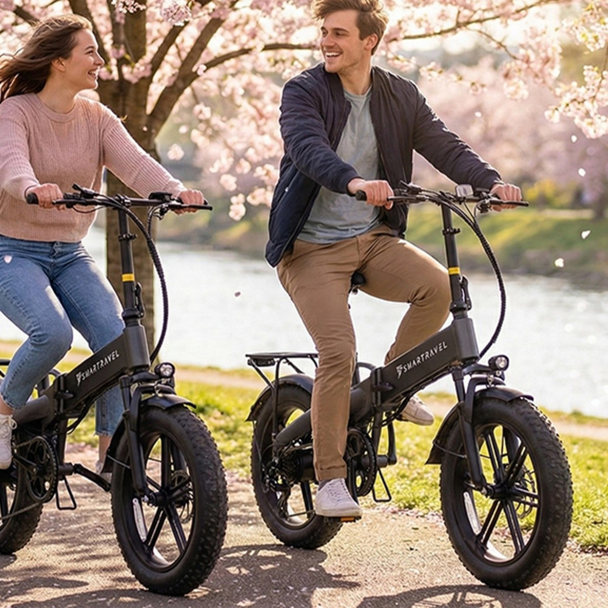Uśmiechnięta młoda para jedzie na rowerach elektrycznych malowniczą ścieżką parkową pod kwitnącymi wiśniami.