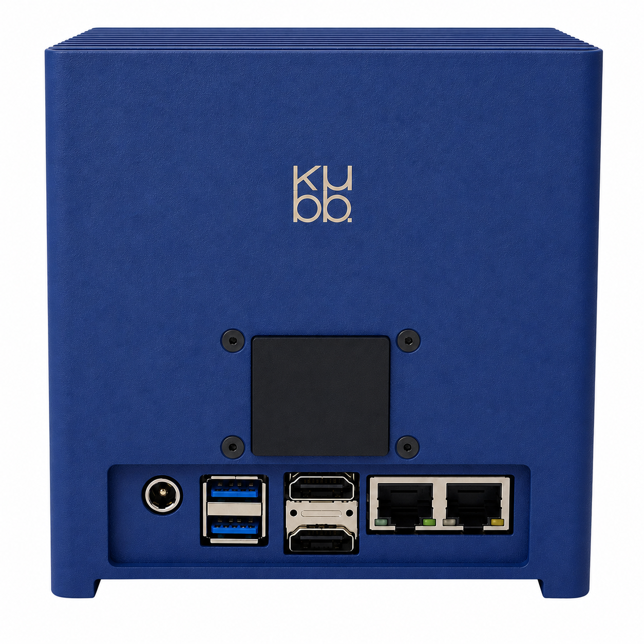 Retro di un mini PC Kubb blu con porte di alimentazione, USB, HDMI e doppia ethernet.