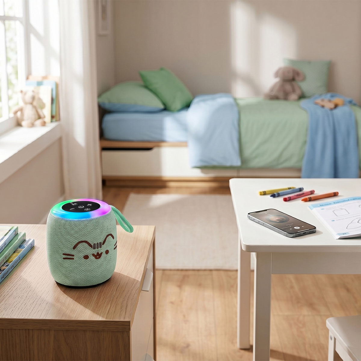 Miętowy głośnik Bluetooth w kształcie kota na szafce nocnej w pokoju dziecięcym.