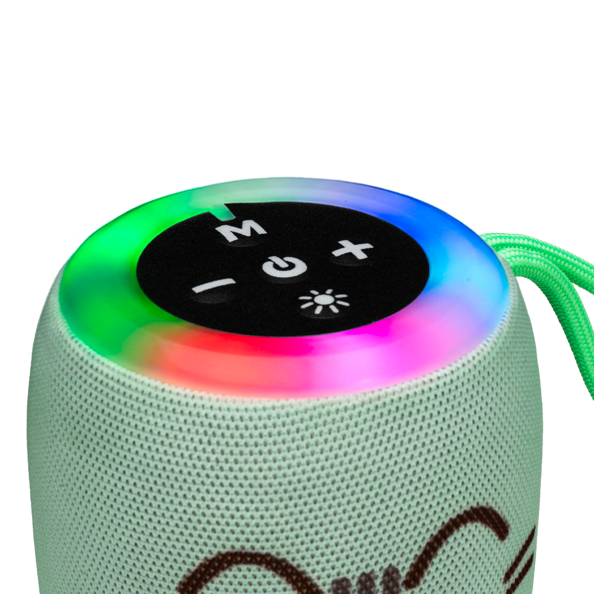 Zielony, okrągły głośnik Bluetooth z tęczowym pierścieniem LED i przyciskami sterującymi u góry.