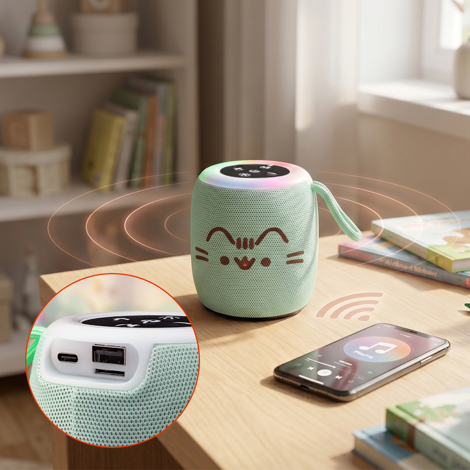 Zielony głośnik Bluetooth w kształcie kota na drewnianym biurku obok smartfona i książek.