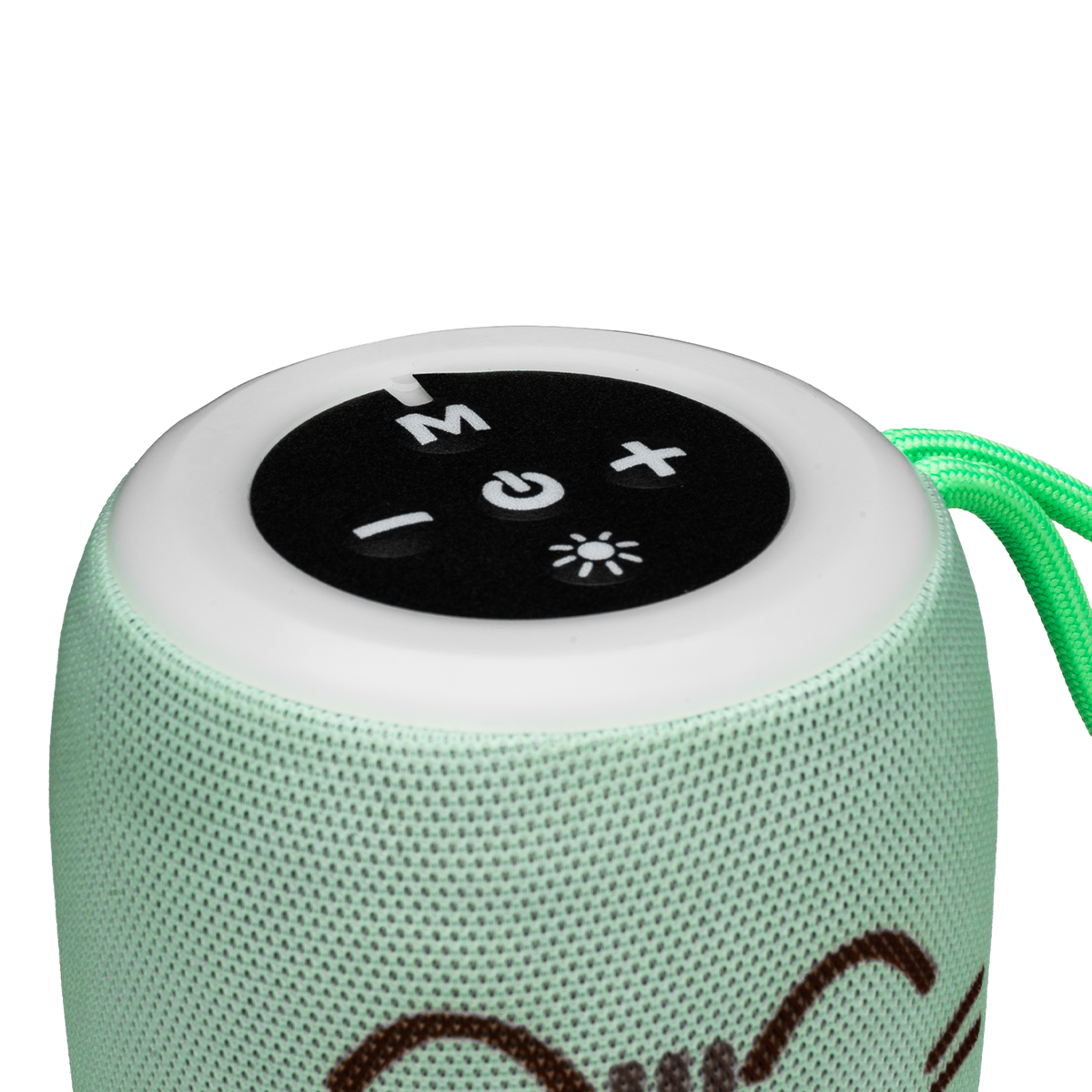 Zielony cylindryczny głośnik Bluetooth z białym panelem sterowania i paskiem.