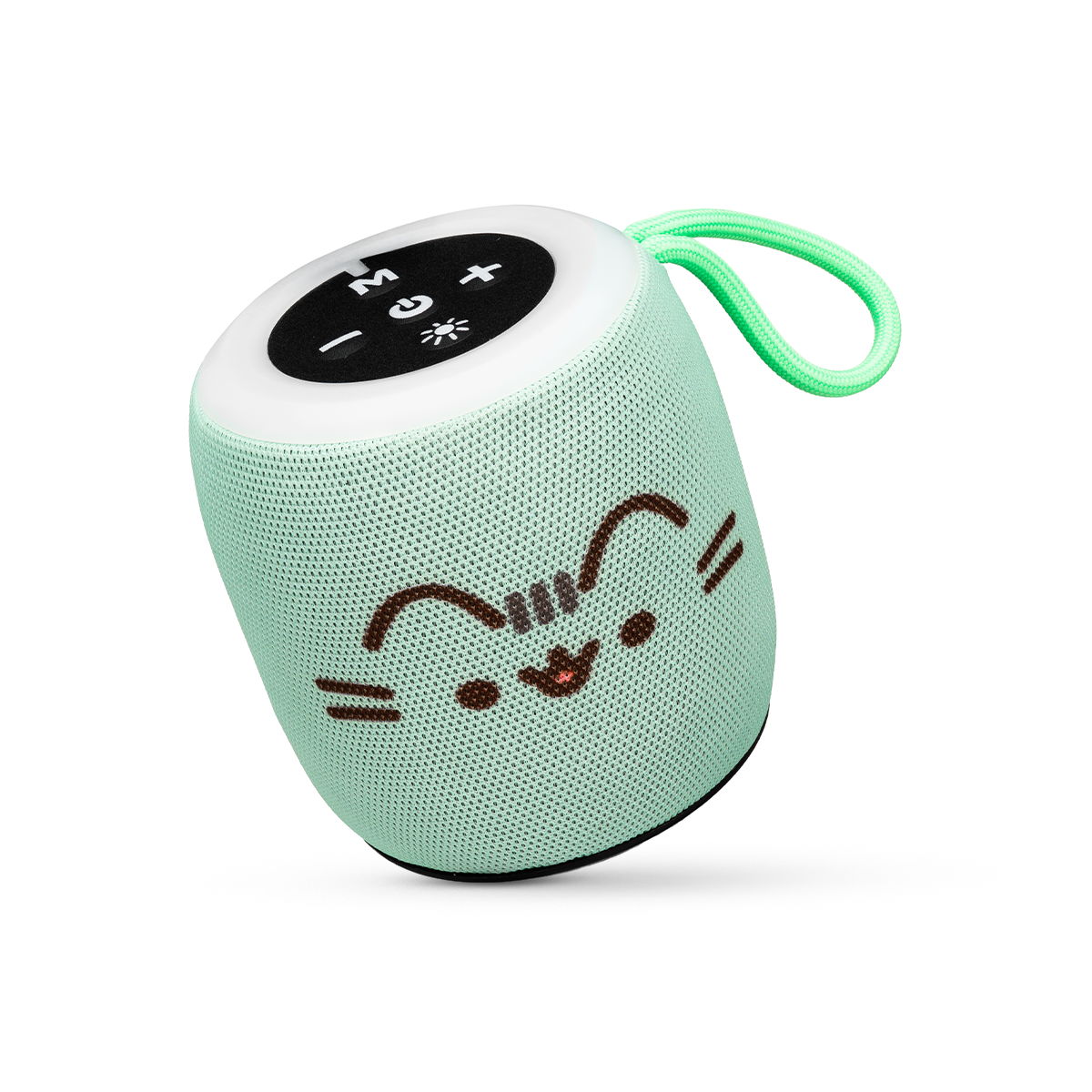 Miętowy, cylindryczny głośnik Bluetooth z kocią twarzą, przyciskami sterującymi na górze i paskiem do noszenia.
