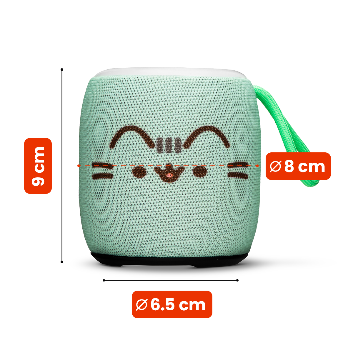Zielony, okrągły głośnik Bluetooth z twarzą kota, paskiem do noszenia i wymiarami w cm.