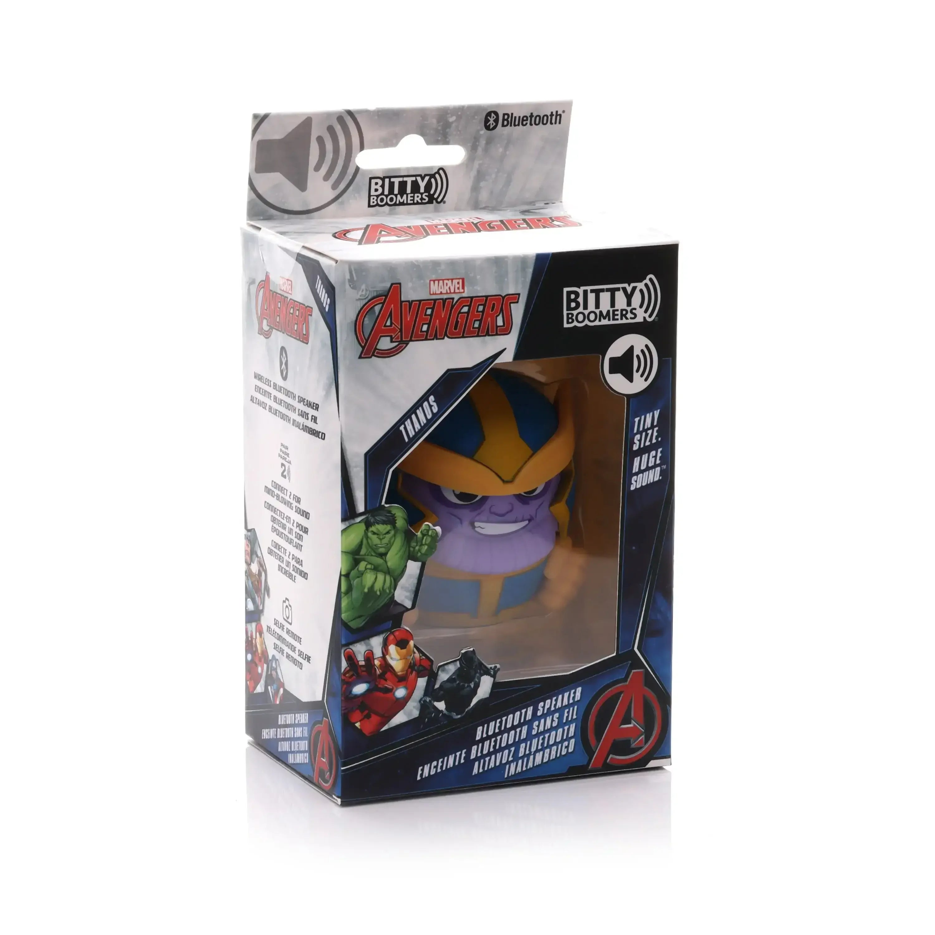 Opakowanie głośnika Bluetooth Marvel Avengers Thanos Bitty Boomers na białym tle.