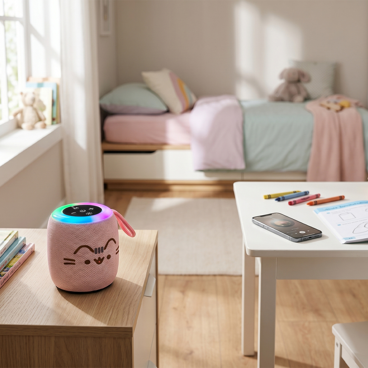 Różowy głośnik Bluetooth w kształcie kota stoi na stoliku w pokoju dziecięcym.