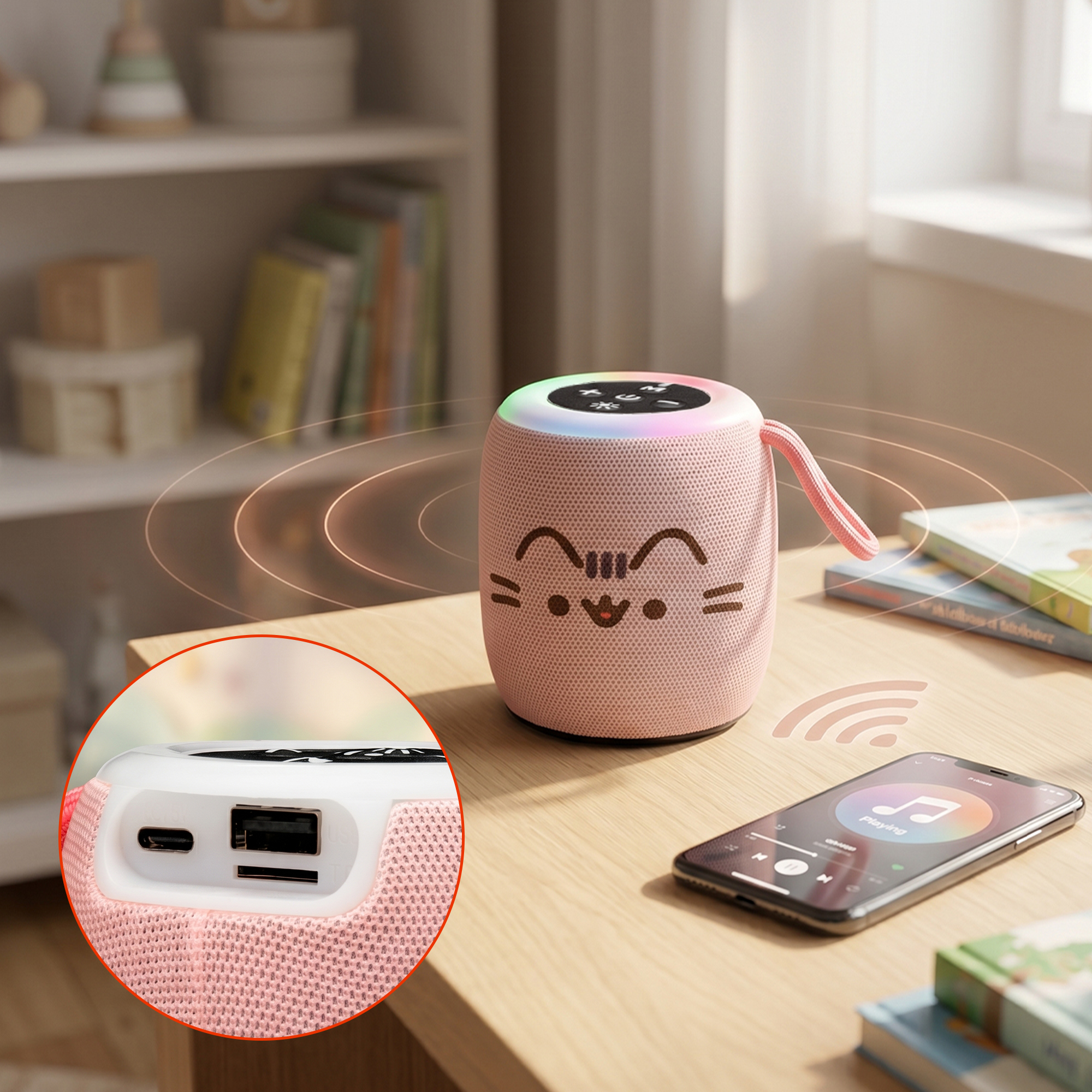 Różowy głośnik bluetooth z motywem kota na biurku ze smartfonem i półkami w tle.