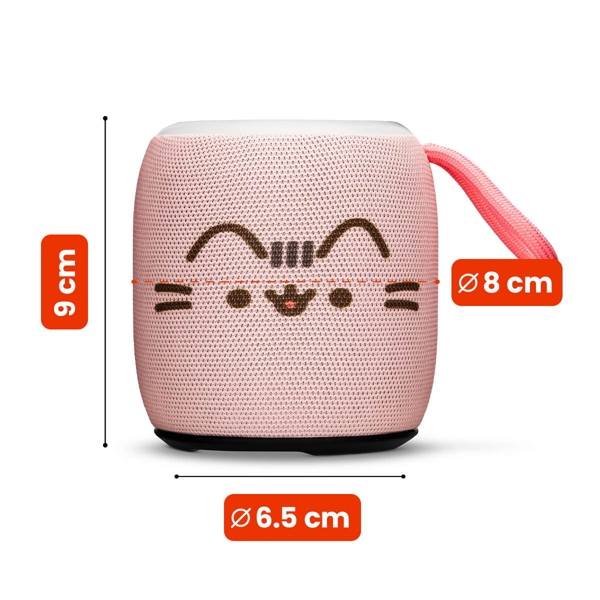 Różowy głośnik Bluetooth z motywem kota o wymiarach 9 cm wysokości, 8 cm średnicy i 6,5 cm podstawy.
