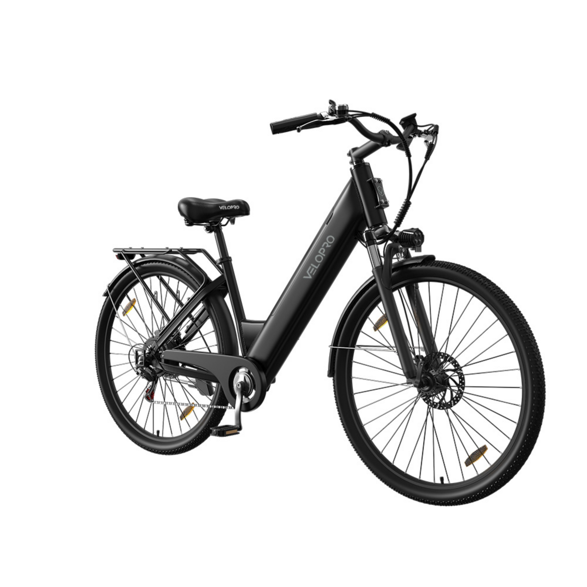 Czarny rower elektryczny Velopro z niską ramą, bagażnikiem i przednim światłem na białym tle.