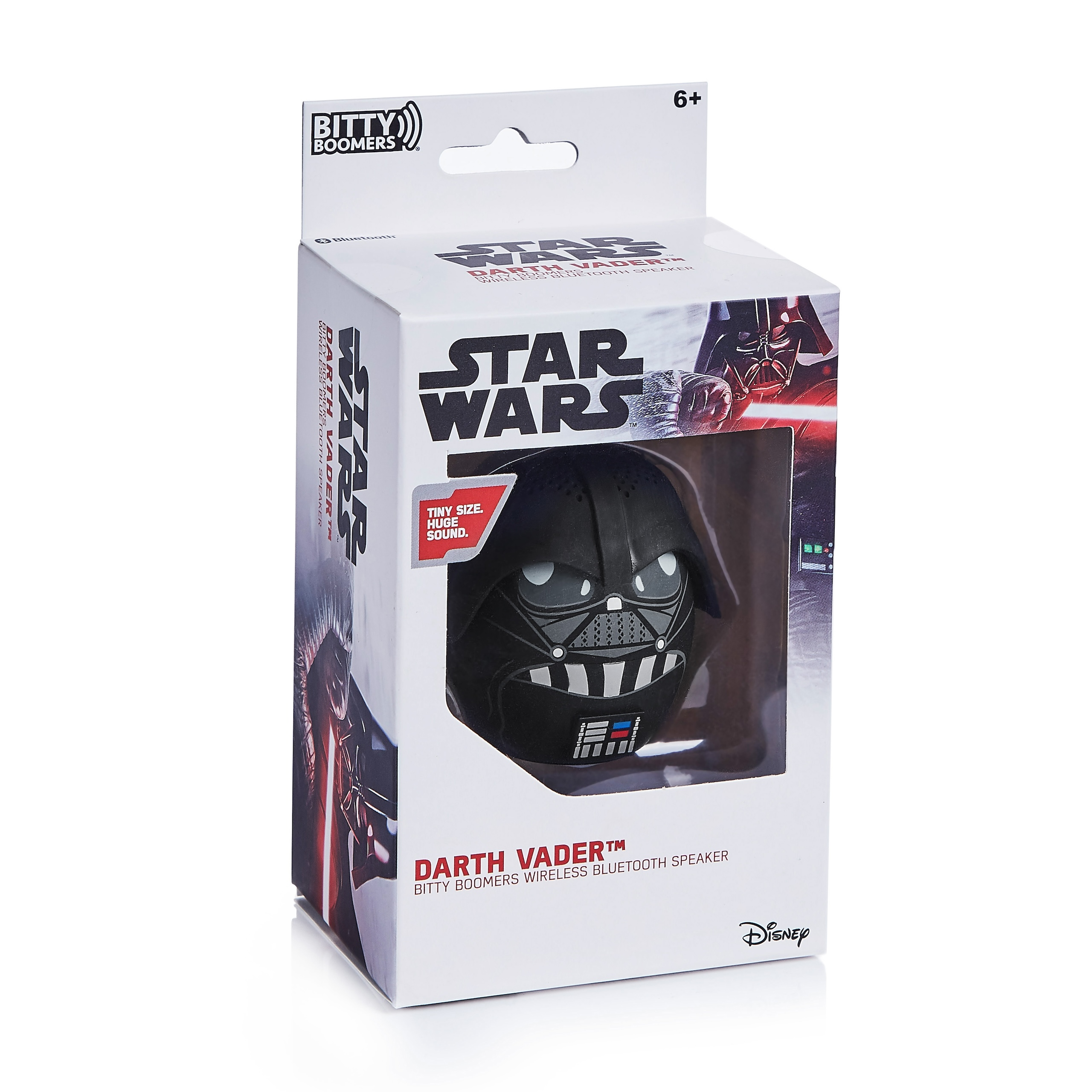 Opakowanie bezprzewodowego głośnika Bluetooth Darth Vader Bitty Boomers na białym tle.